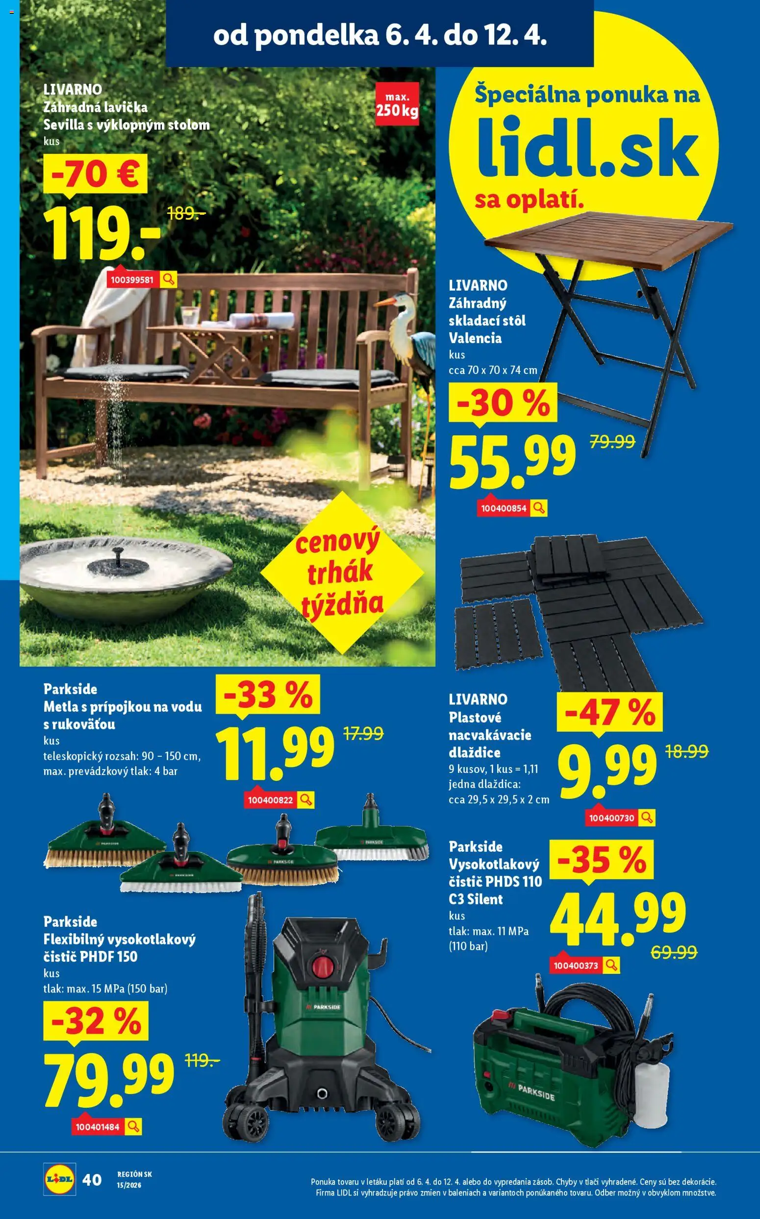 Nové Lidl akcie – leták je platný od 06.04.2026 | Strana: 42 | Produkty: Stôl, Lavička, Záhradná lavička, Parkside
