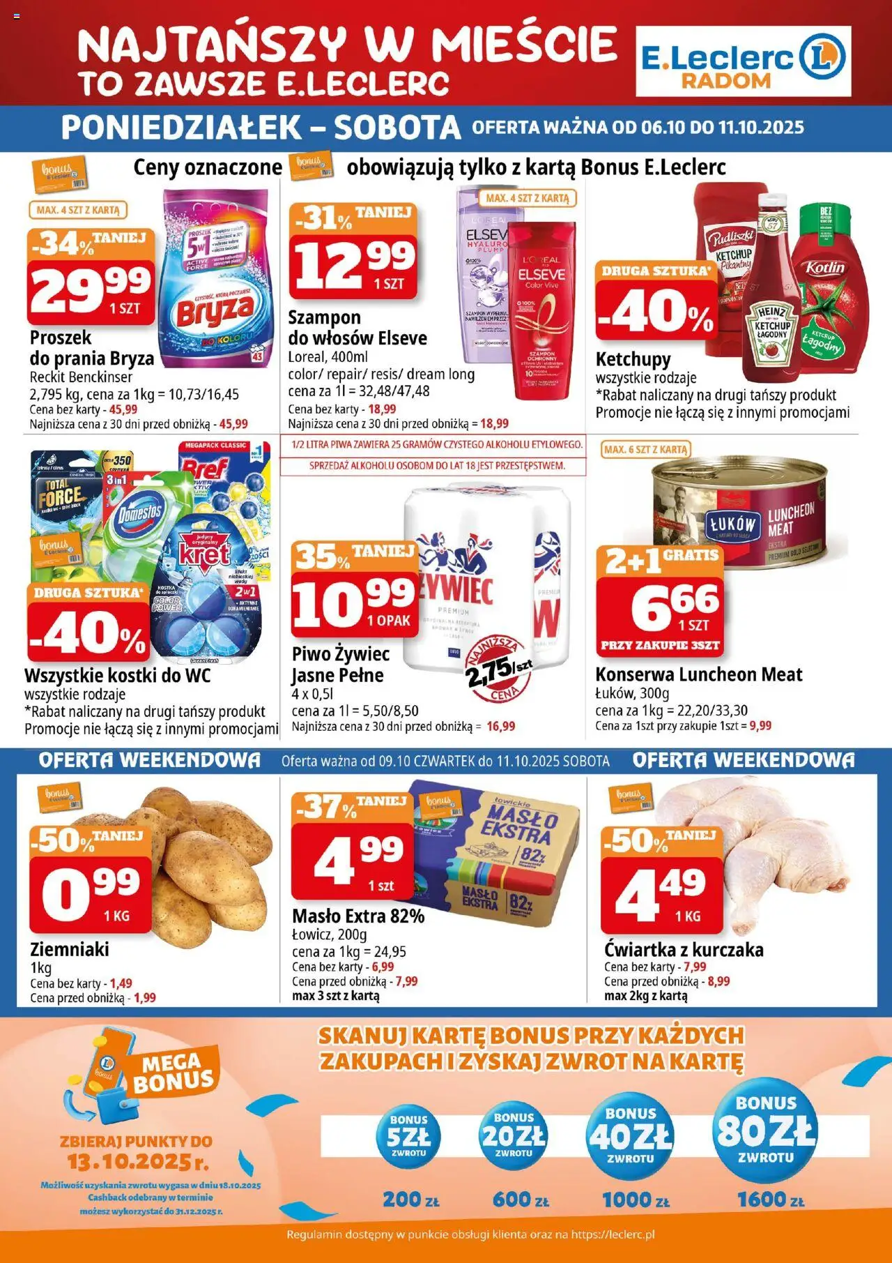E.Leclerc Gazetka - Radom od 06.10.2025 | Strona: 1 | Produkty: Karta, Ketchup, Szampon, Ćwiartka z kurczaka