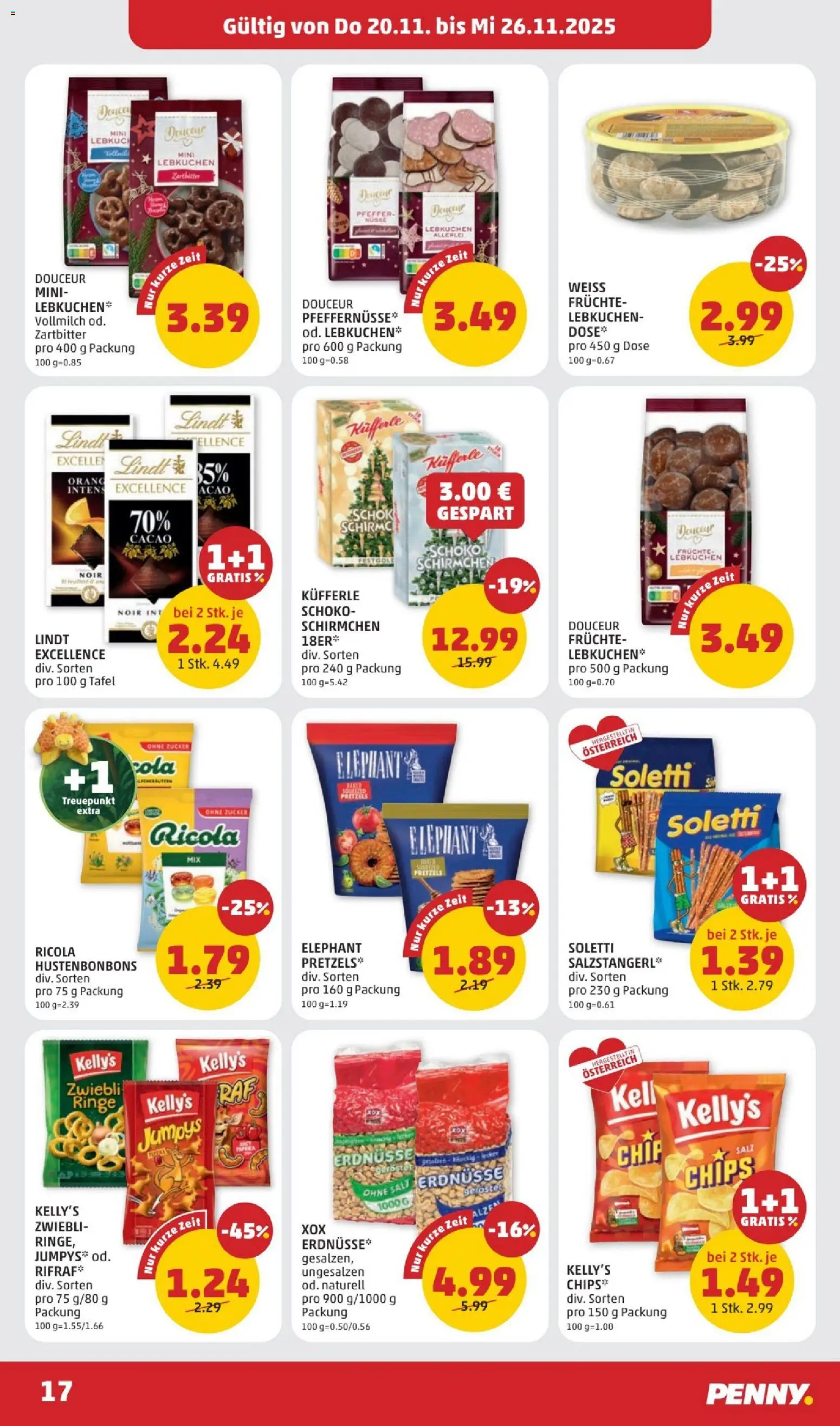 Penny Markt Flugblatt gültig ab 20.11.2025 | Seite: 17 | Produkte: Chips, Nüsse, Zucker, Папионка