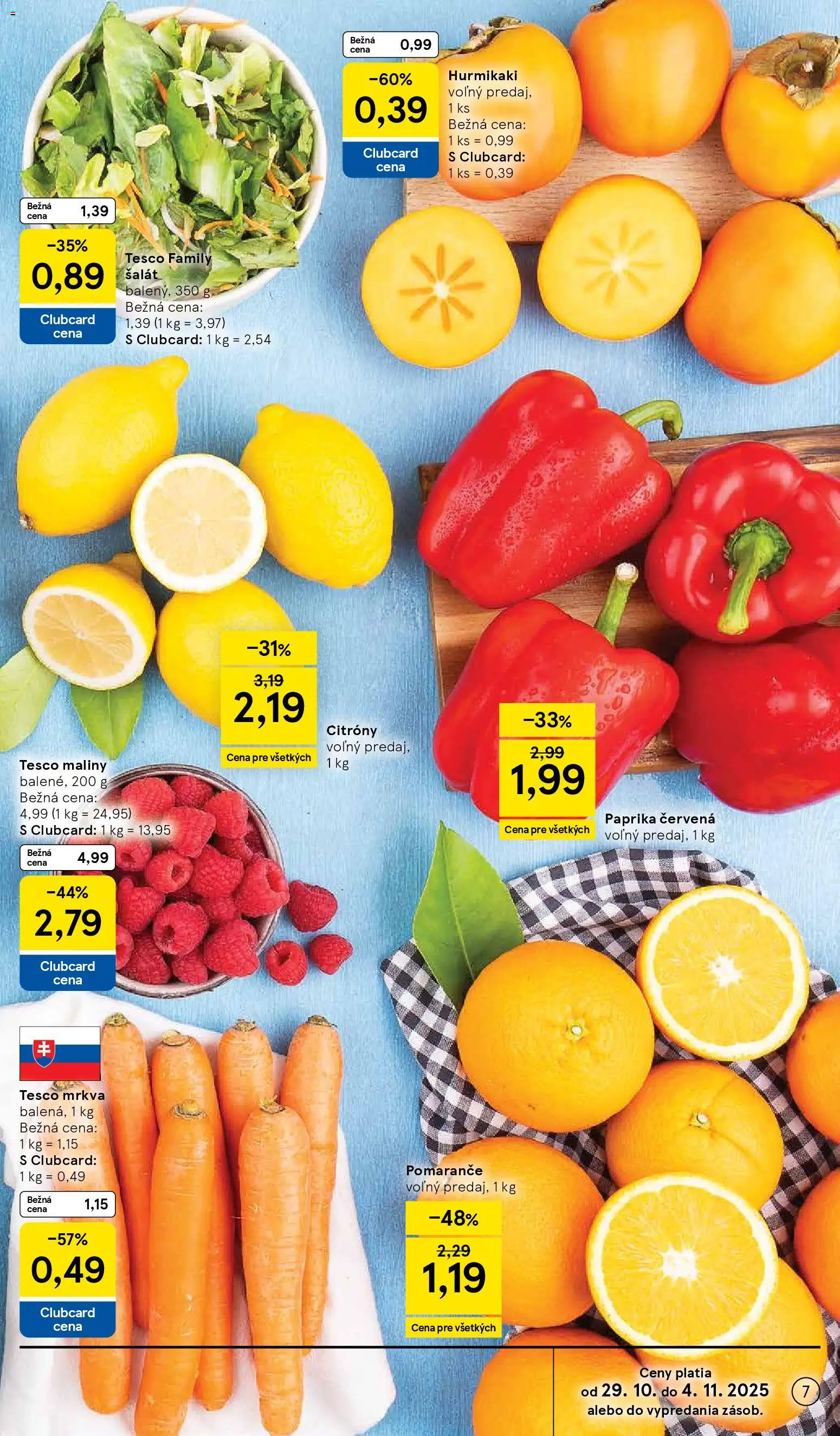 Nové Tesco akcie – leták je platný od 29.10.2025 | Strana: 7 | Produkty: Paprika, Pomaranče, Citróny, Šalát