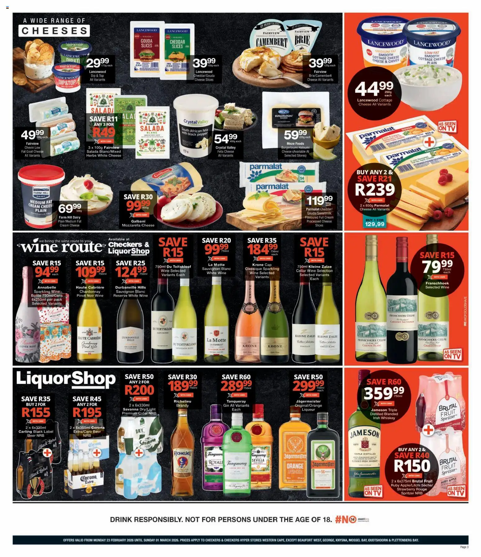 New Checkers catalogue – valid from 23.02.2026 | Page: 3 | Products: Gin, Whiskey, Fruit, Máscara de pestañas