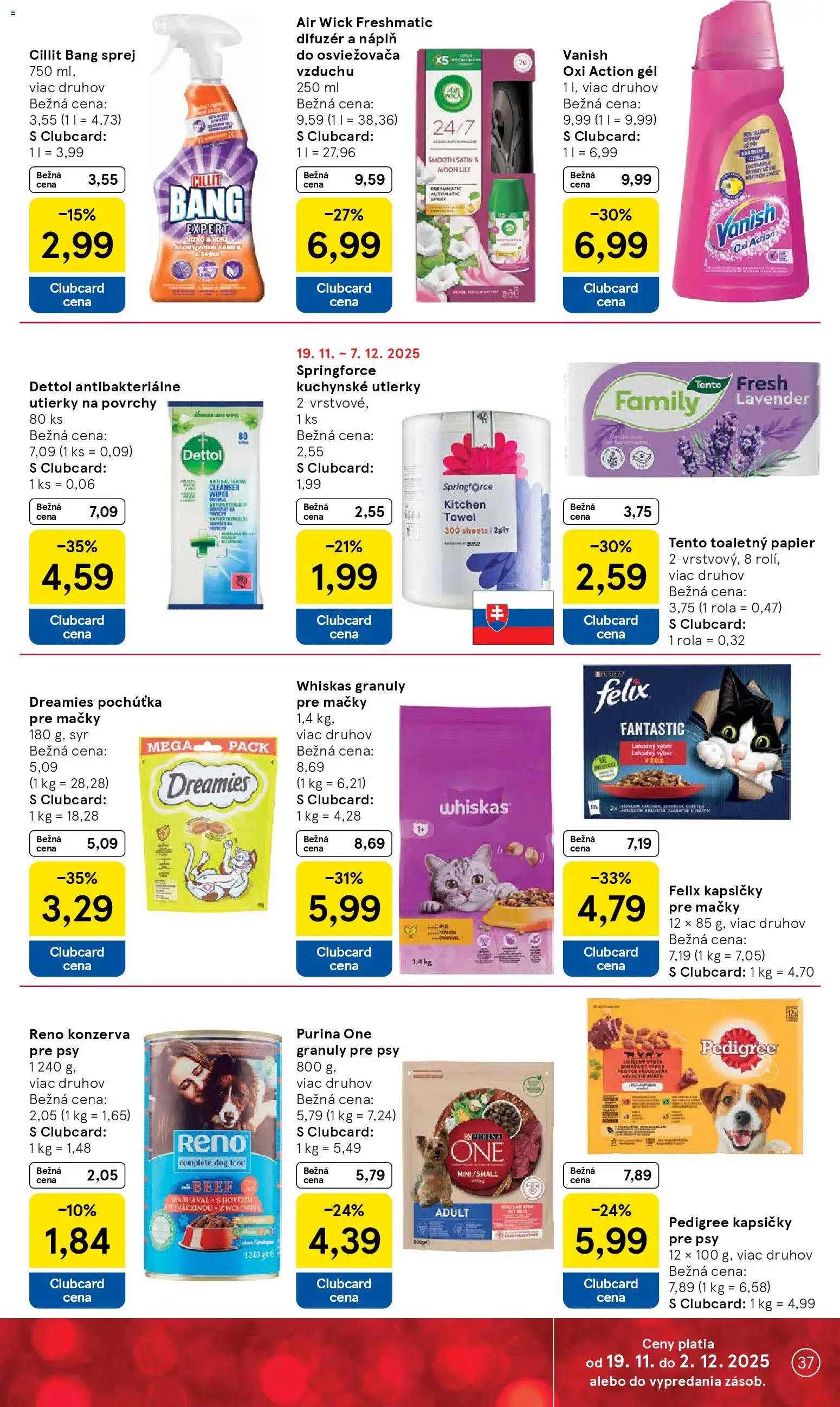 Nové Tesco akcie – leták je platný od 19.11.2025 | Strana: 37 | Produkty: Difúzer, Felix, Toaletný papier, Dettol