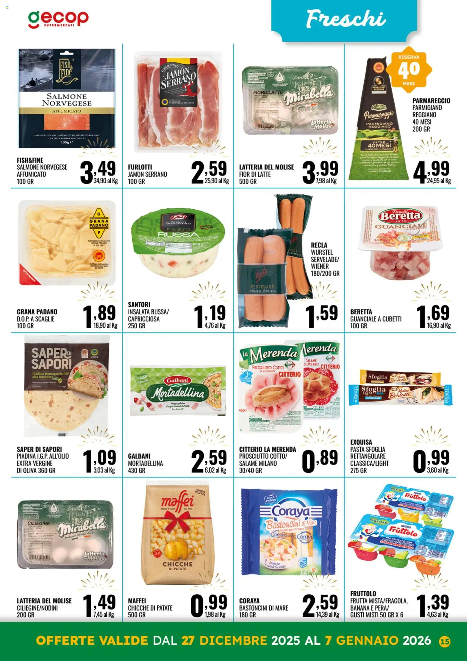 Volantino GECOP del 27.12.2025 | Pagina: 15 | Prodotti: Salmone, Latte, Grana Padano, Parmigiano reggiano