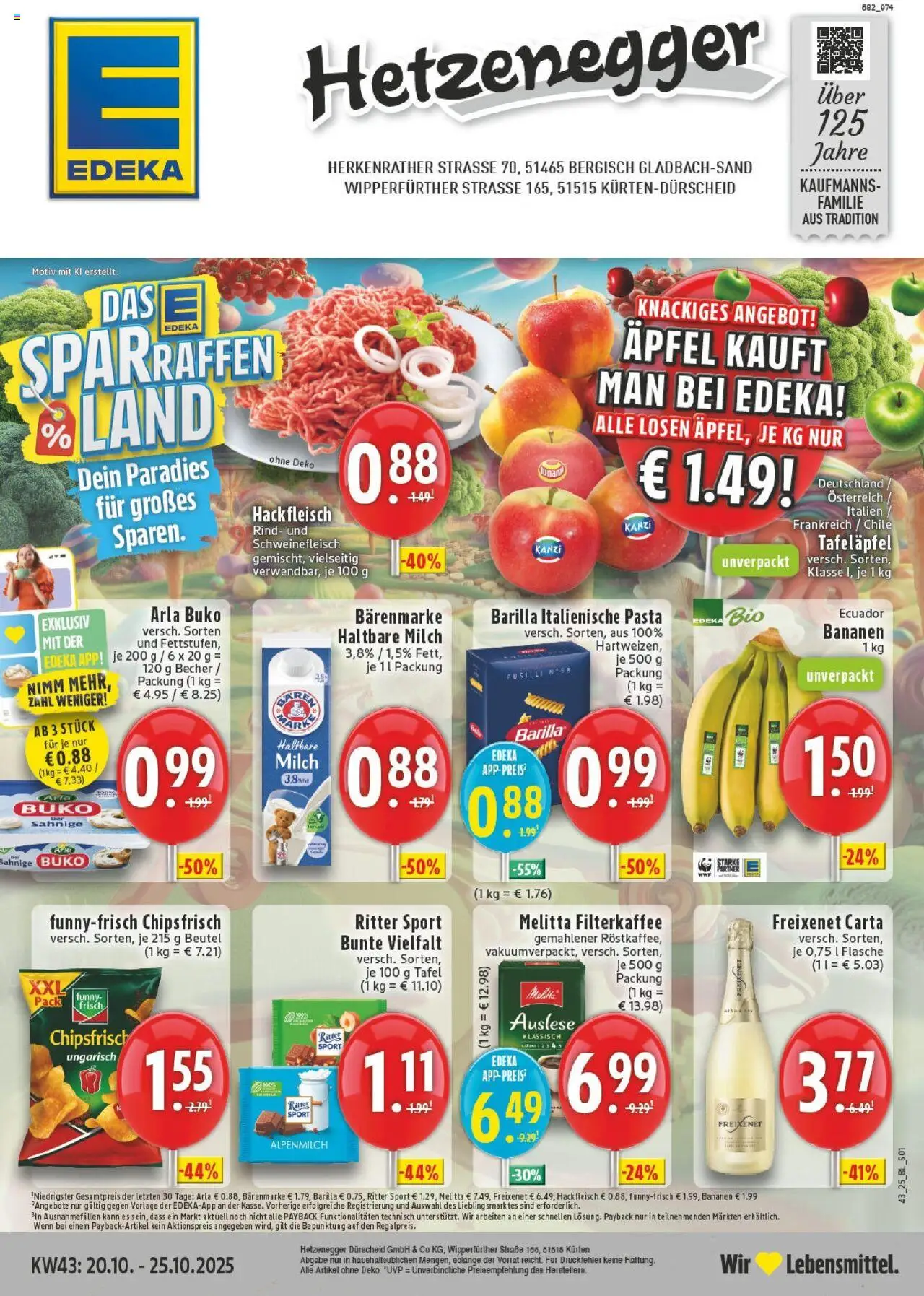 Edeka prospekt Kürten-Dürscheid	 – gültig ab 19.10.2025 | Seite: 1 | Produkte: Haltbare milch, Arla buko, Pasta, Chips