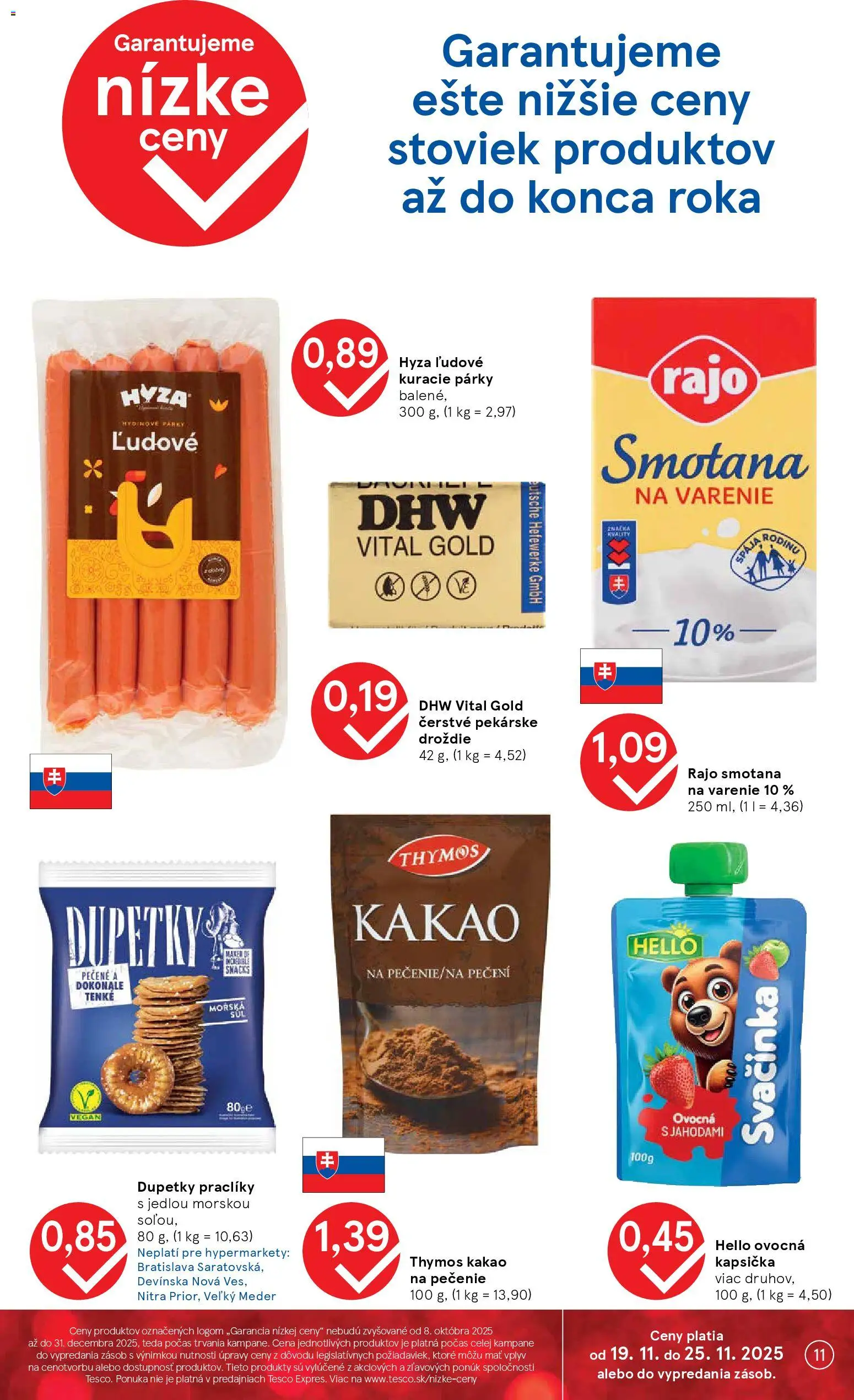 Nové Tesco akcie – leták je platný od 19.11.2025 | Strana: 11 | Produkty: Smotana, Párky, Kakao