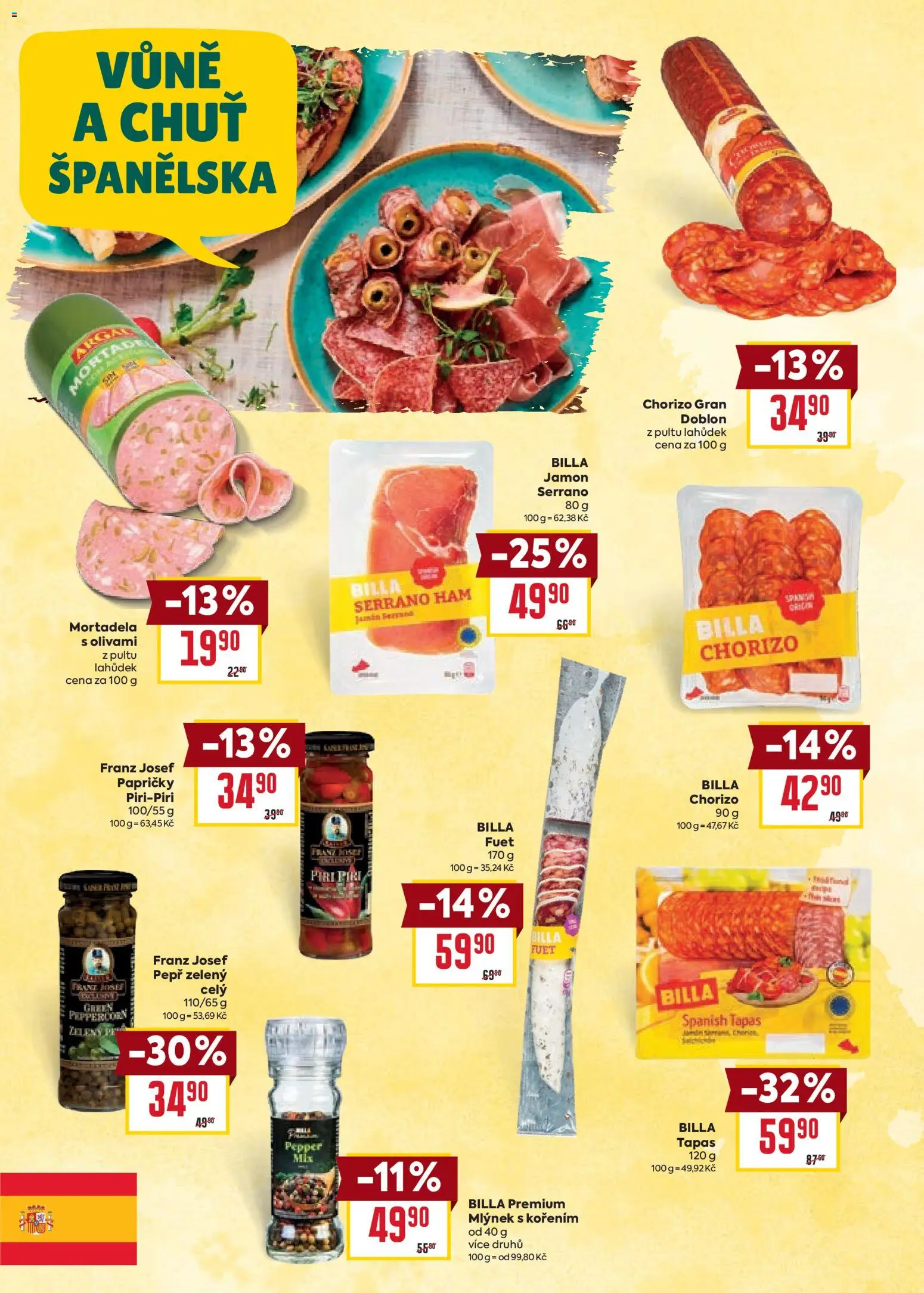 Billa leták - Chutě světa od 21.01.2026 | Strana: 18 | Produkty: Jamón Serrano, Jamon, Mlýnek, Fuet