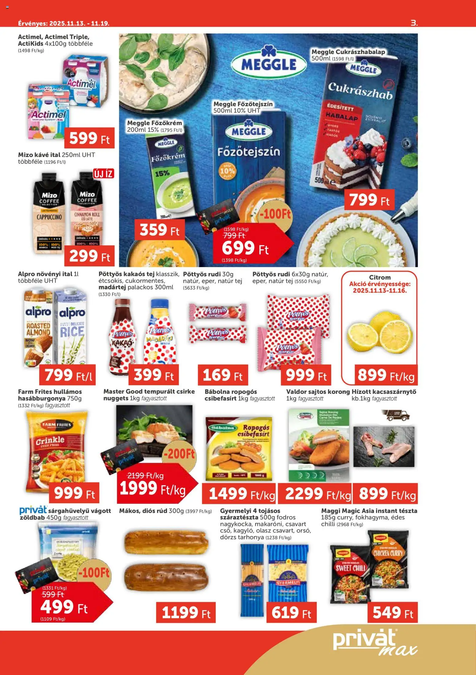 PRIVÁT akciós ujság - amely érvényes a következő dátumtól: 13.11.2025 | Oldal: 3 | Termékek: Chili, Tej, Tészta, Citrom