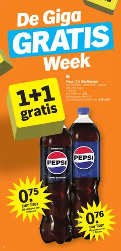 Pepsi 1.5 literflessen, Alle varianten, combineren mogelijk. Bijv. zero sugar. 2 flessen van 4.50 voor 2.25. De actieprijzen variëren van 2.25-2.49 - Voorbeeld van een folder van Albert Heijn, geldig van 01.12.2025 | Pagina: 14 | Producten: Pepsi, Saláta mix