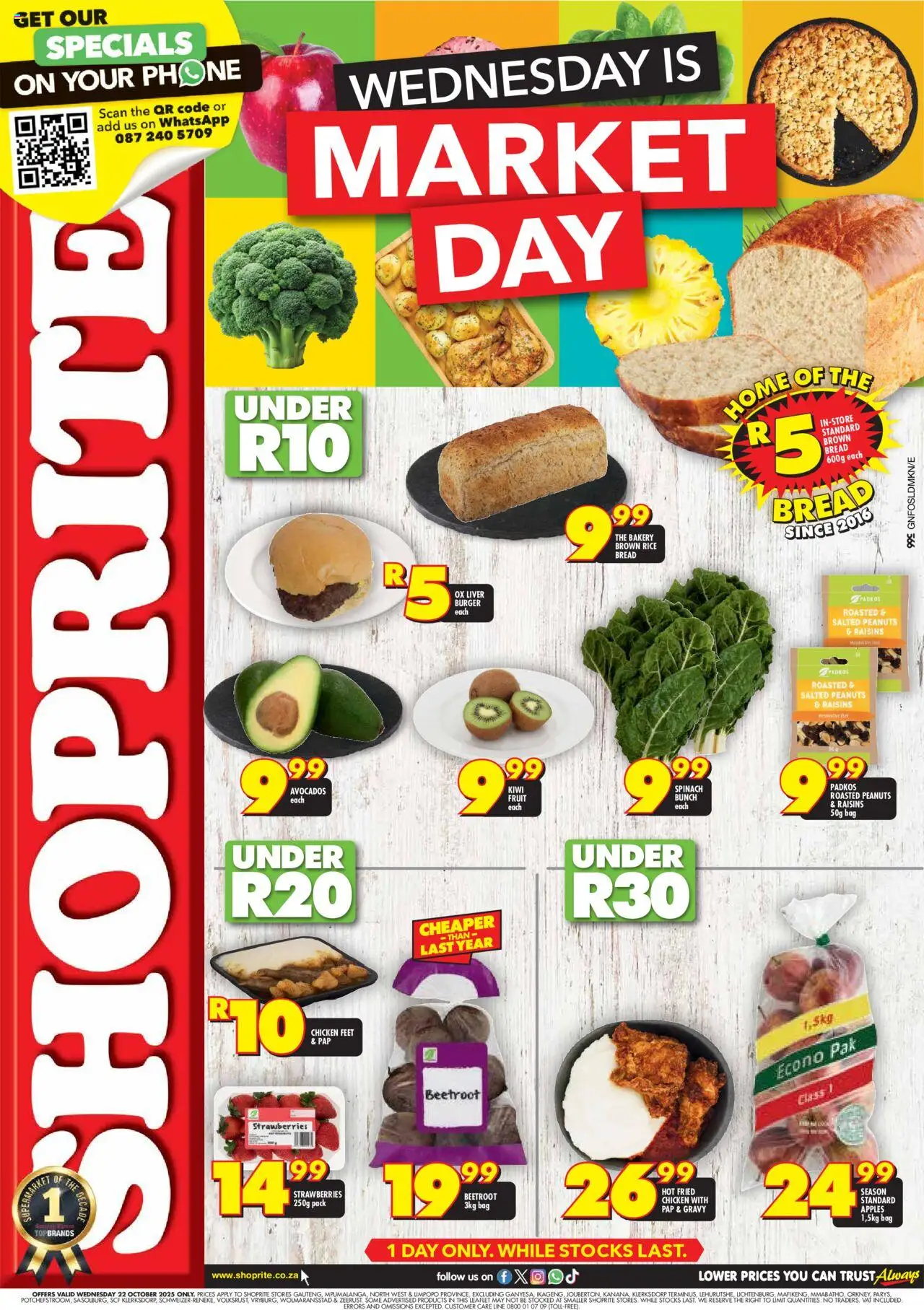 New Shoprite catalogue – valid from 22.10.2025 | Page: 1 | Products: Bread, Chicken, Apples, Rice