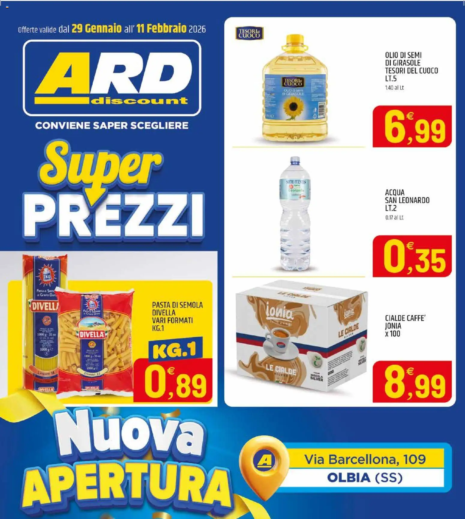 Volantino ARD Discount del 29.01.2026 | Pagina: 16 | Prodotti: Acqua, Olio, Pasta, Olio di semi di girasole