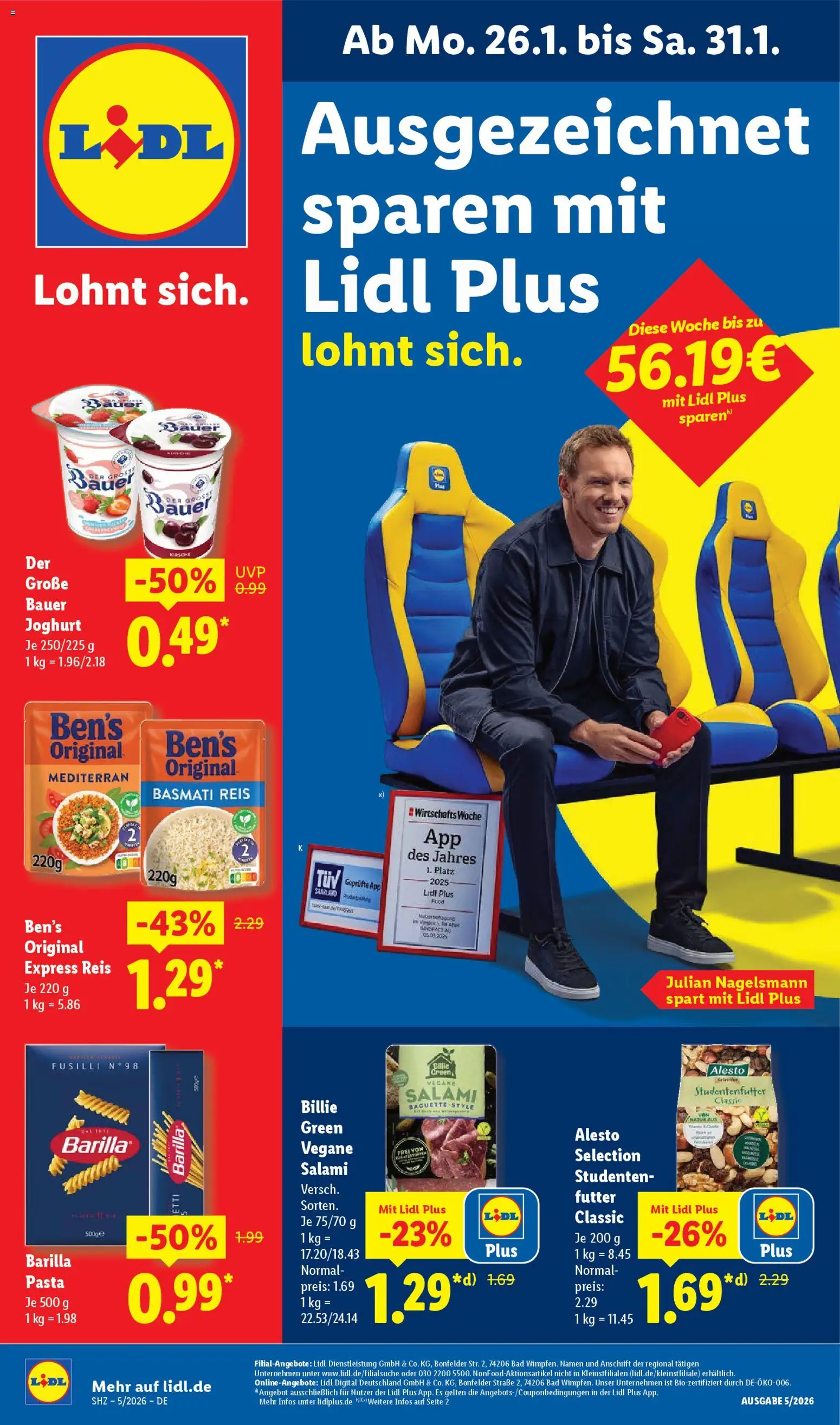 Lidl Prospekt Bernsdorf – gültig ab 26.01.2026 | Seite: 1 | Produkte: Joghurt, Pasta, Salami, Reis