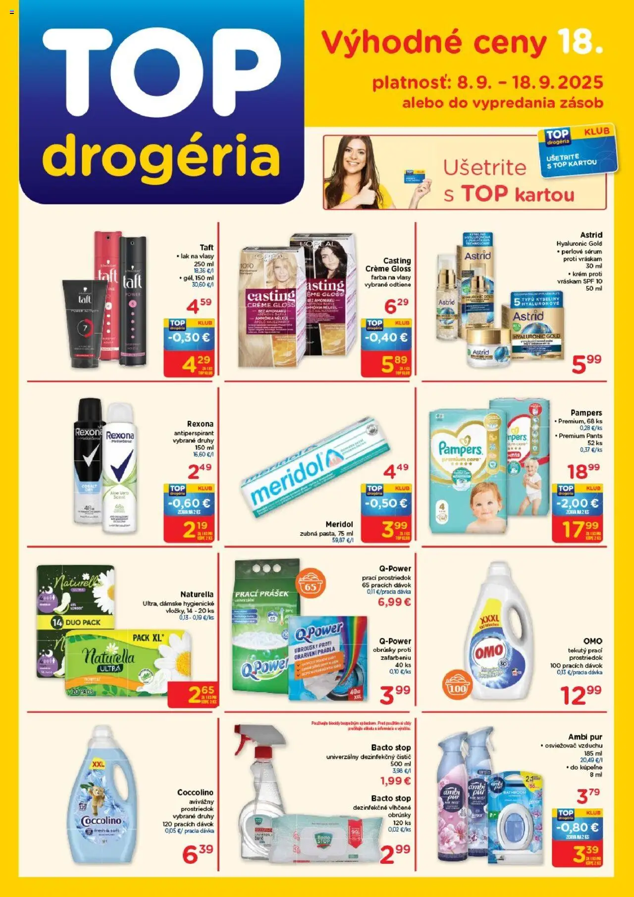 Nové TOP Drogéria akcie – leták je platný od 08.09.2025 | Strana: 1 | Produkty: Osviežovač vzduchu, Aku, Antiperspirant