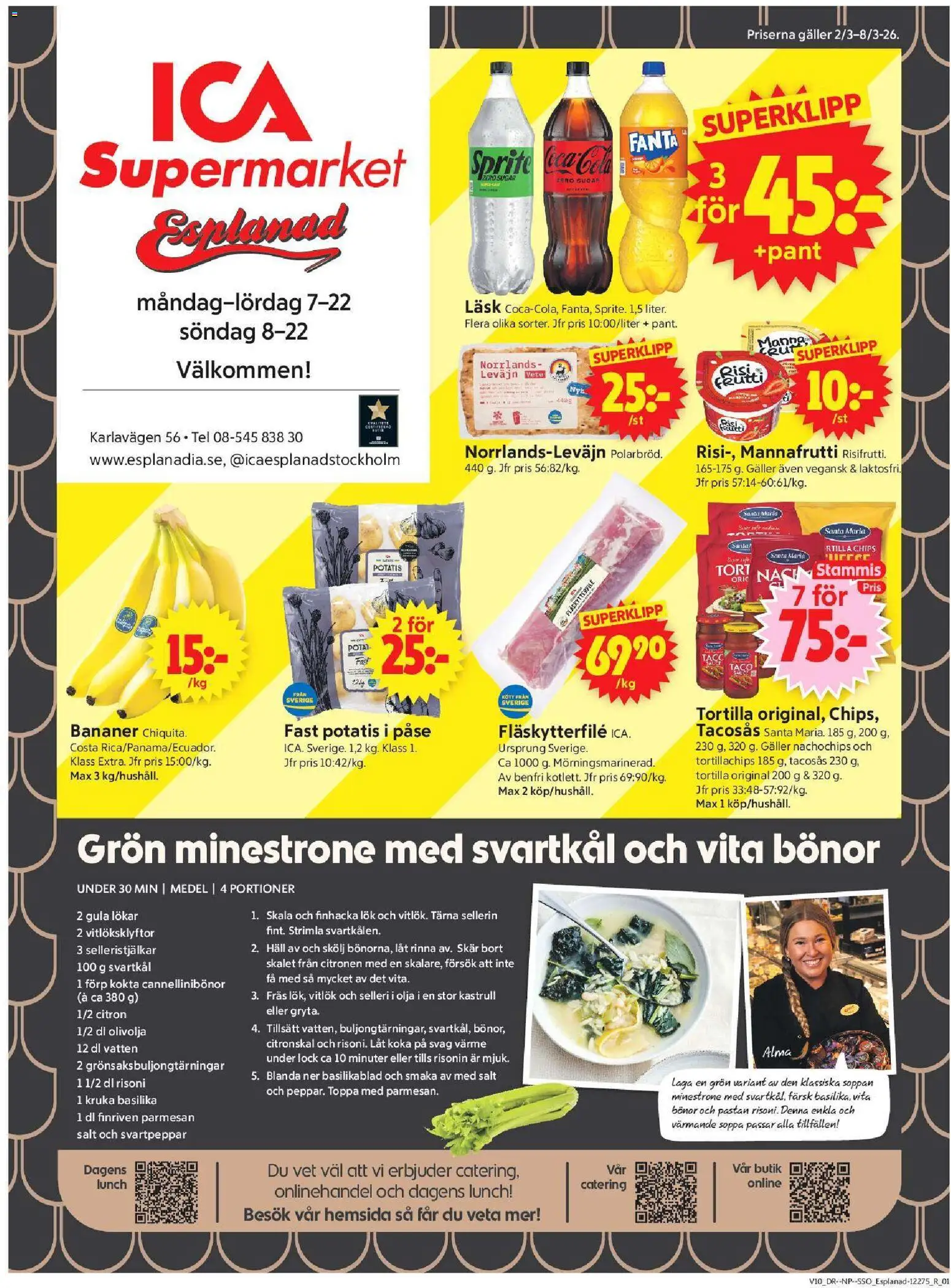 ICA Supermarket reklamblad aktuell från 02.03.2026 | Sida: 1 | Produkter: Salt, Fläskytterfilé, Bananer, Basilika