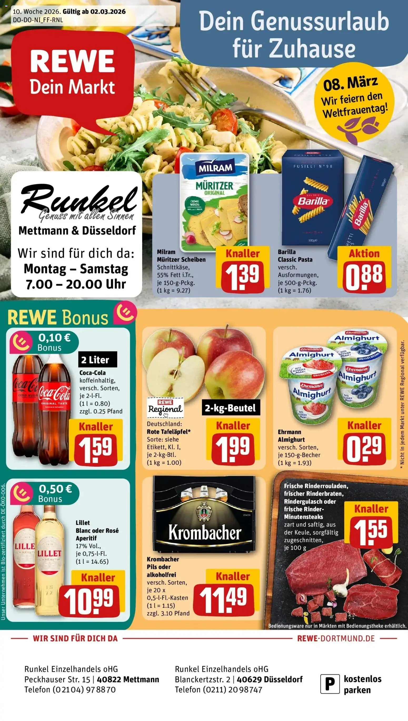 Rewe Prospekt Düsseldorf	 – gültig ab 02.03.2026 | Seite: 1 | Produkte: Ehrmann almighurt, Barilla, Lillet, Telefon