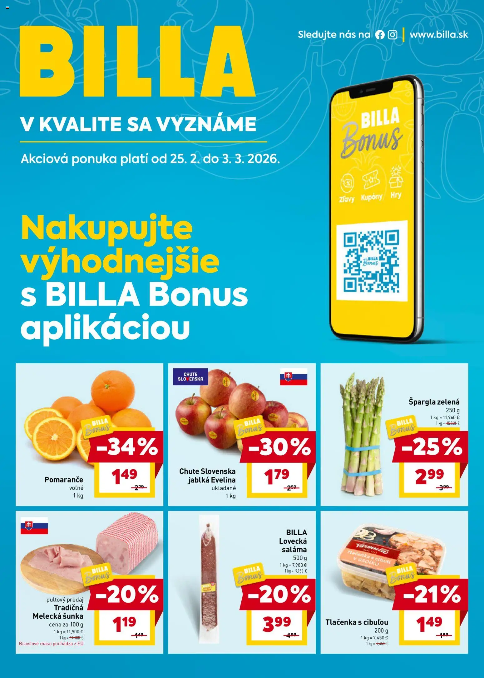 Nové Billa akcie – leták je platný od 25.02.2026 | Strana: 1 | Produkty: Šunka, Jablká, Pomaranče, Bravčové mäso