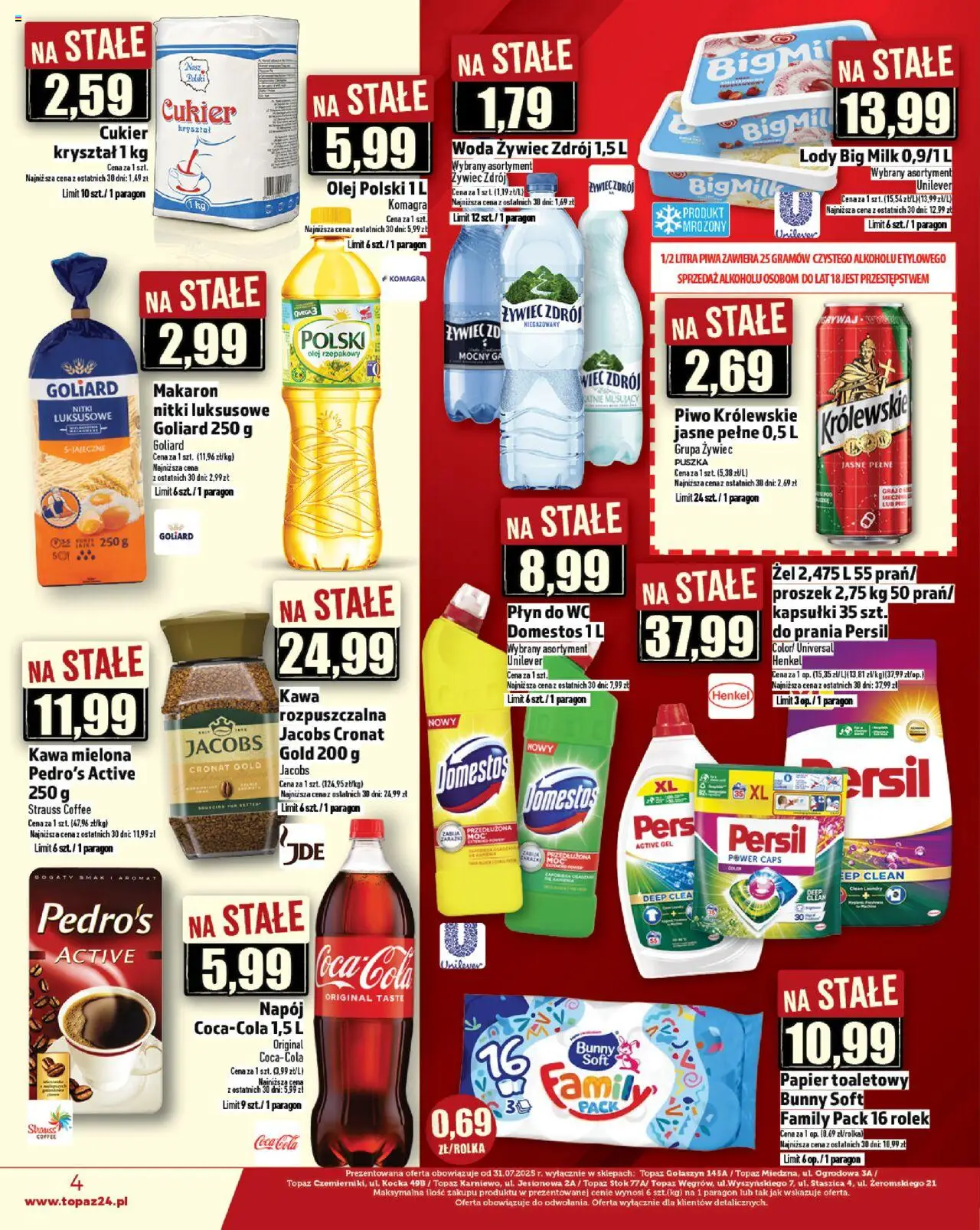 Topaz Gazetka - Ceny małe na stałe od 14.08.2025 | Strona: 4 | Produkty: Papier toaletowy, Coca cola, Domestos, Woda