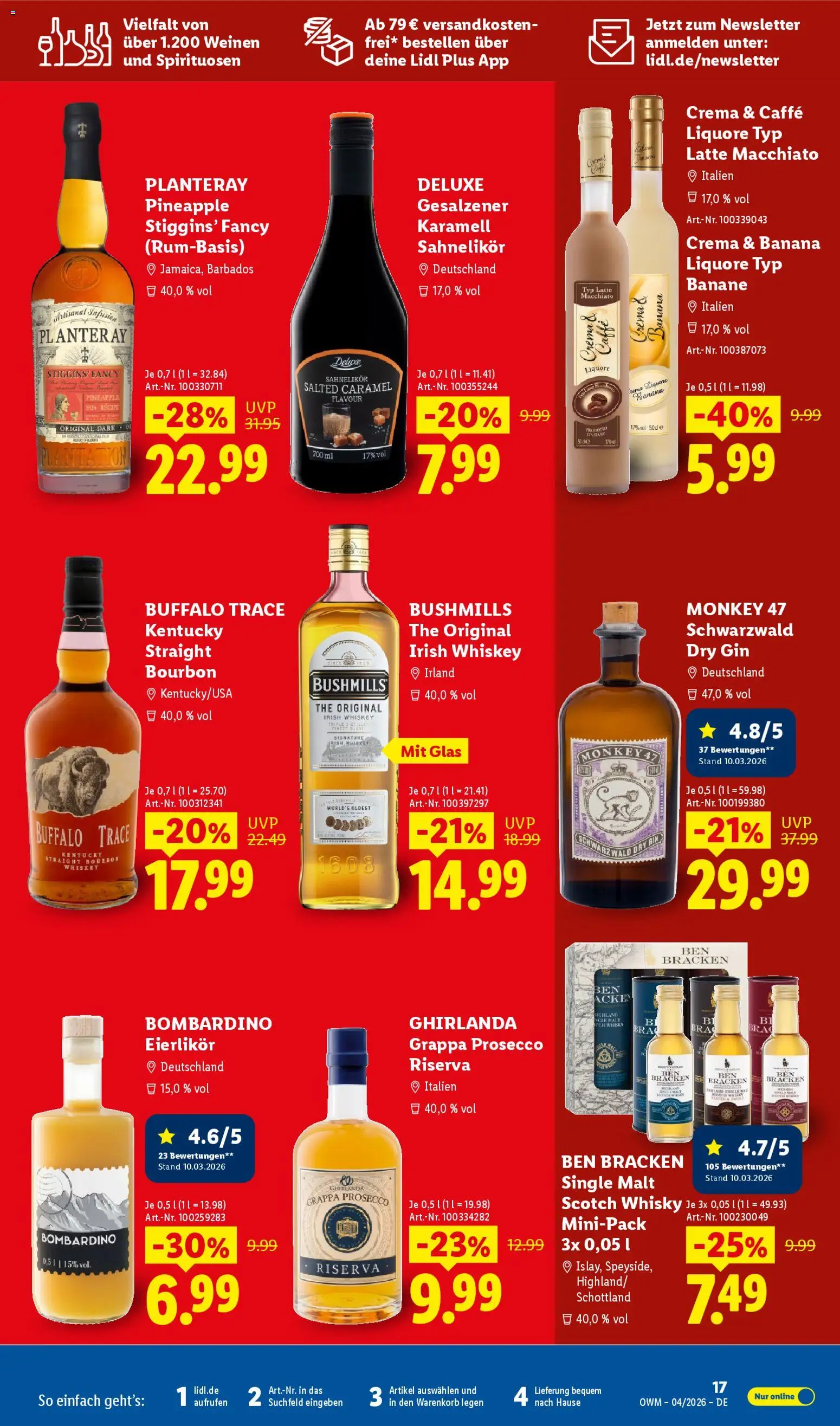 Lidl Německo leták - Wein & Spirituosen od 01.04.2026 | Strana: 17 | Produkty: Bourbon, Gin, Bombardino, Deluxe