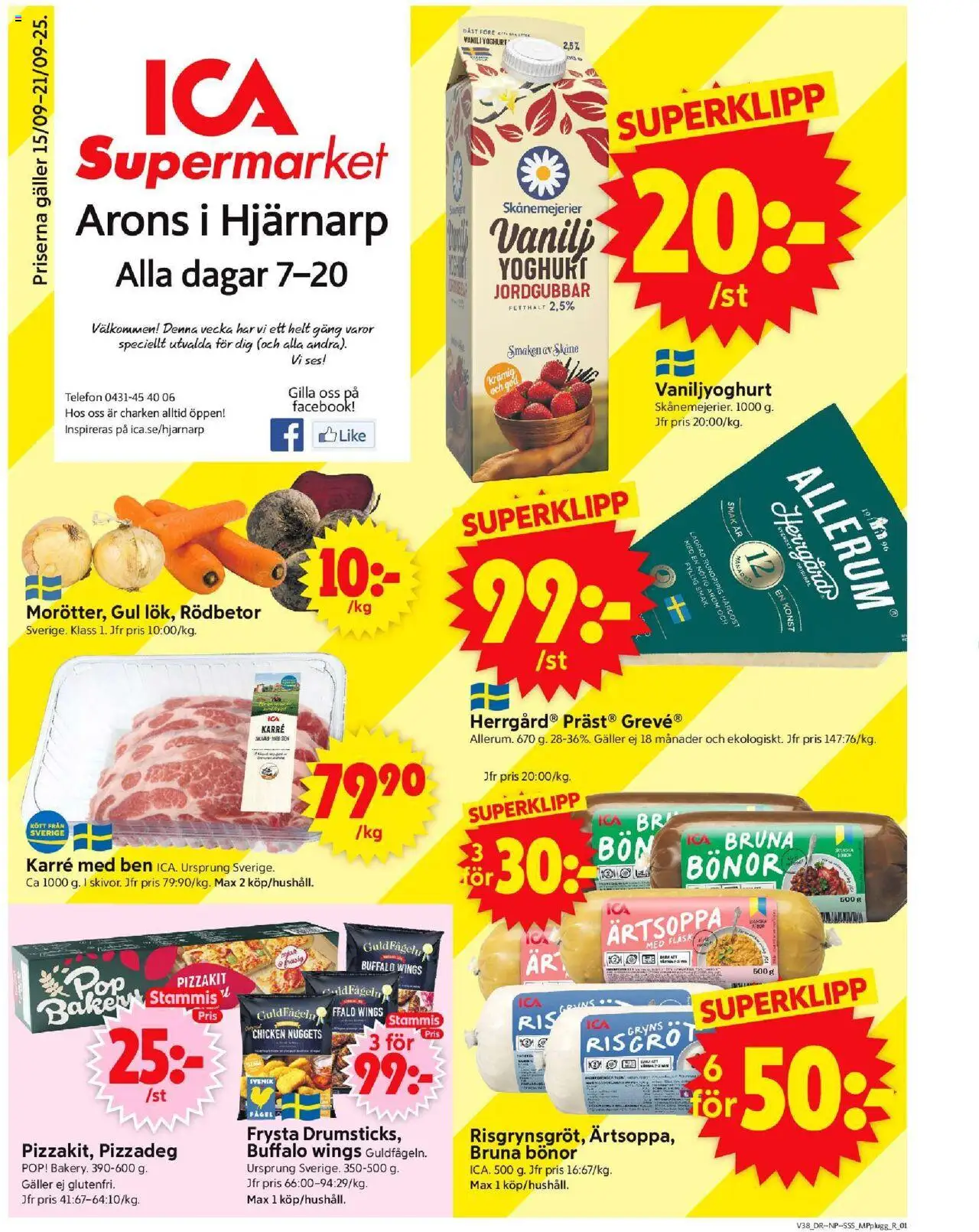 ICA Supermarket reklamblad aktuell från 15.09.2025 | Sida: 1 | Produkter: Galler, Jordgubbar, Telefon, Bönor