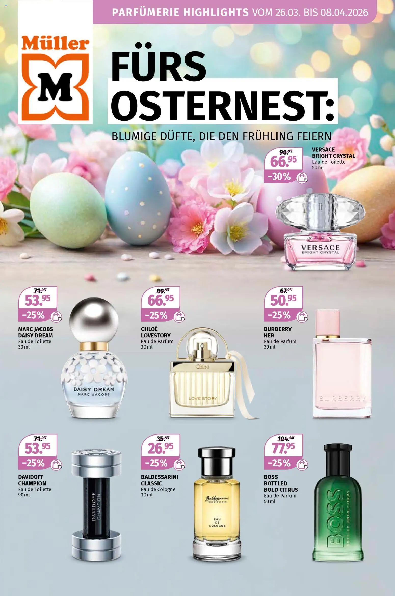 Müller aktionen Fürs Osternest blumige Düfte – gültig ab 26.03.2026 | Seite: 1 | Produkte: Eau de Parfum, Toilette, Parfüm, Eau de Cologne