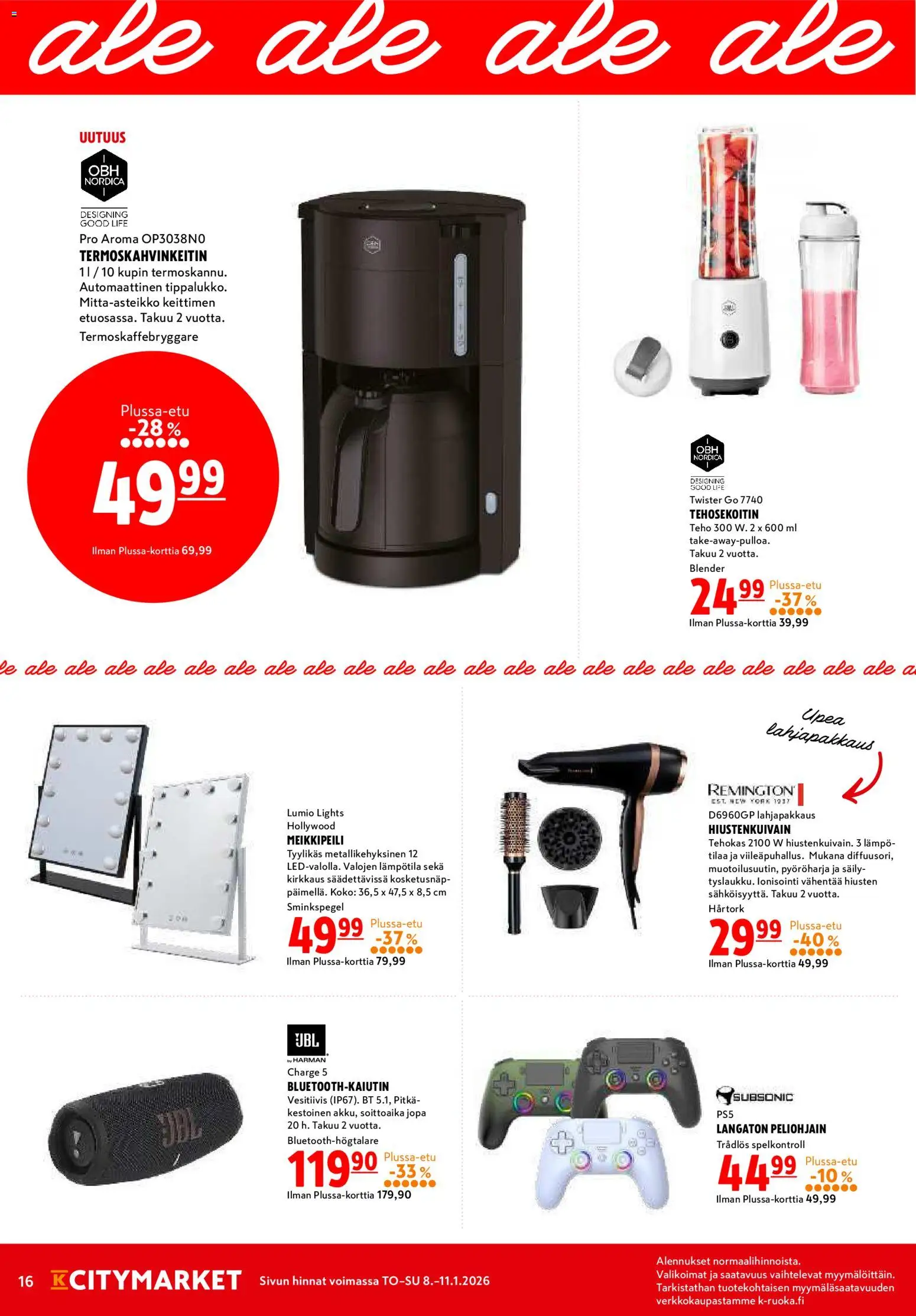 K-Citymarket tarjoukset – voimassa 08.01.2026 alkaen | Sivu: 16 | Tuotteet: Meikkipeili, Tehosekoitin