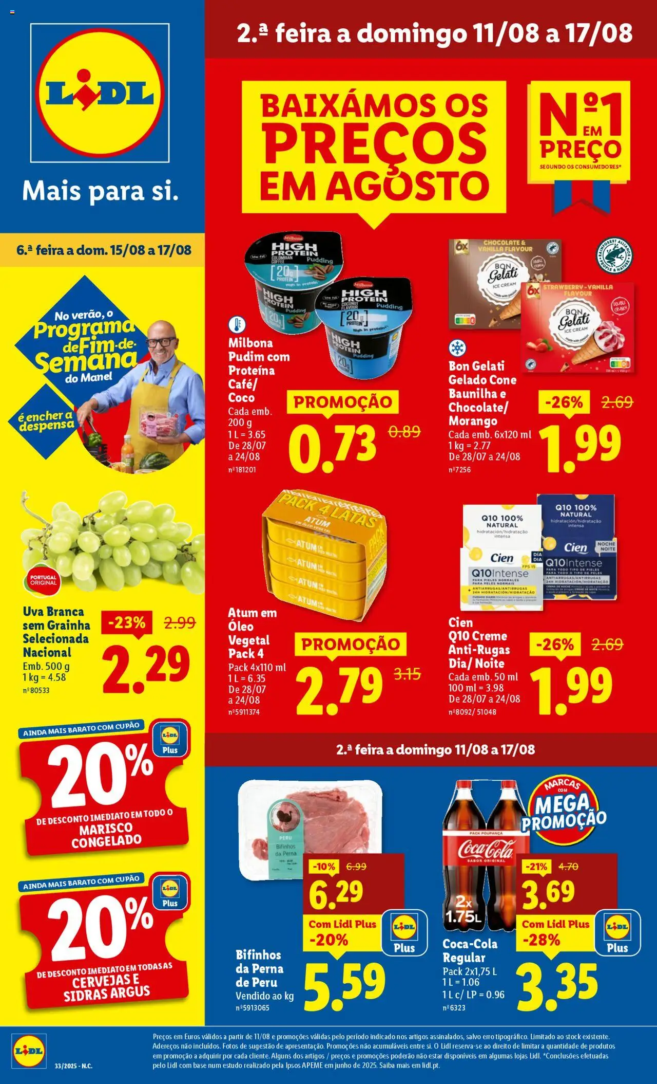 Lidl folheto │ válido de 11.08.2025 | Página: 1 | Produtos: Atum, Pudim, Gelado, Chocolate