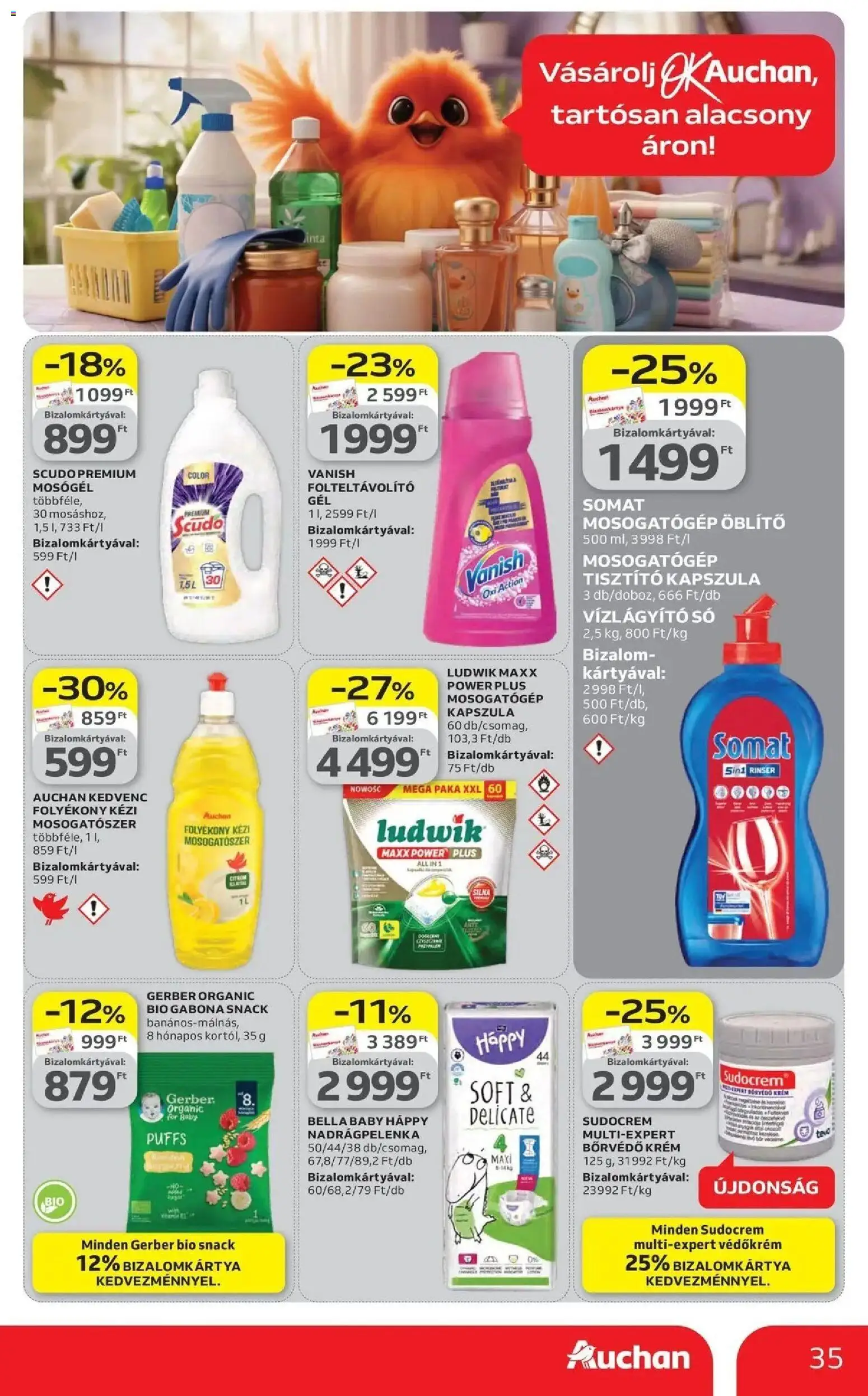 Auchan akciós ujság - amely érvényes a következő dátumtól: 16.04.2026 | Oldal: 35 | Termékek: Mosógél, Öblítő, Folteltávolító, Mosogatószer
