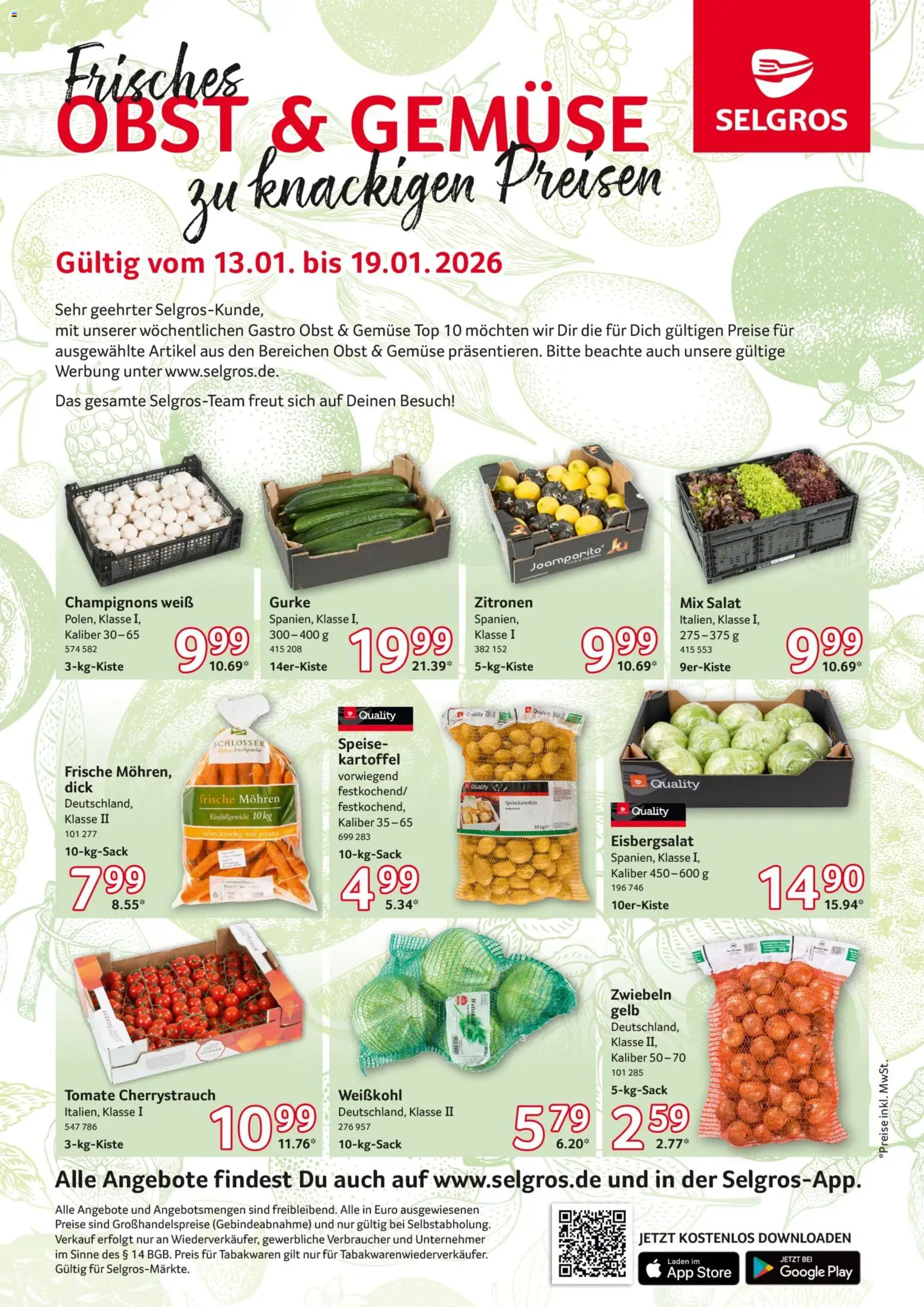 Selgros Obst & Gemüse – gültig ab 13.01.2026 | Seite: 1 | Produkte: Top, Mohren, Champignons, Obst