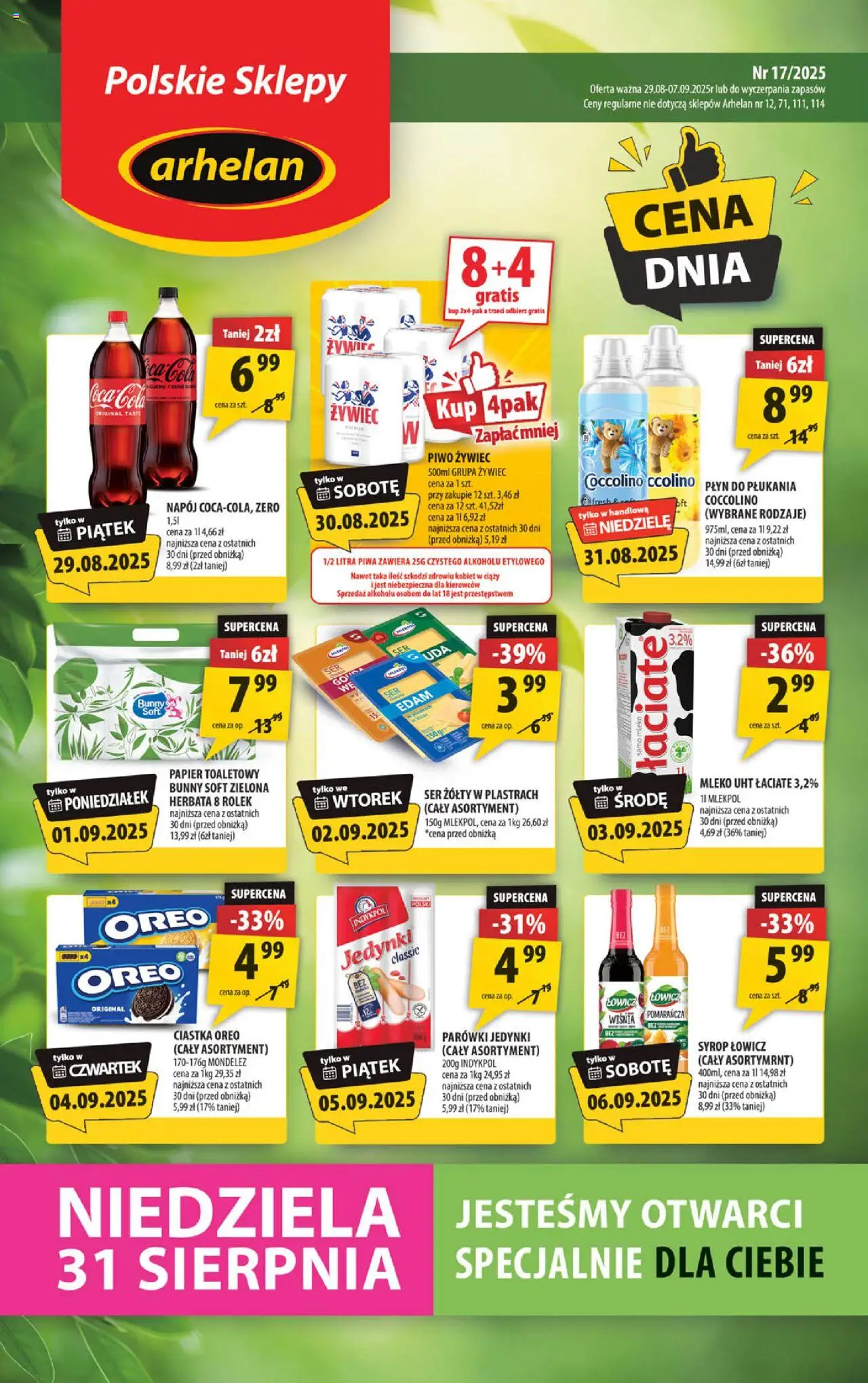 Arhelan Gazetka od 29.08.2025 | Strona: 1 | Produkty: Syrop, Ser, Piwo, Ciastka