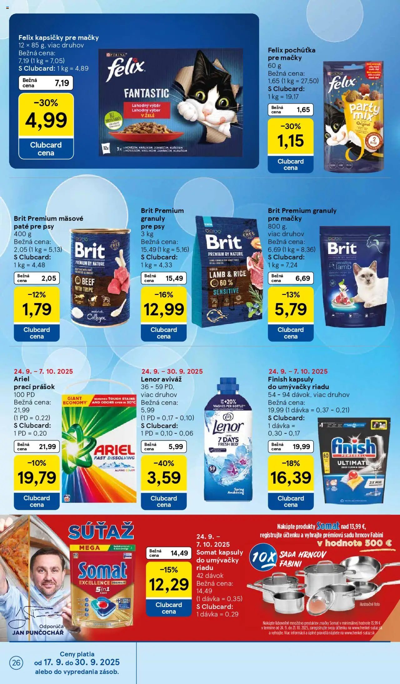 Nové Tesco akcie – leták je platný od 24.09.2025 | Strana: 26 | Produkty: Felix, Sada hrncov, Kapsuly do umývačky riadu, Lenor