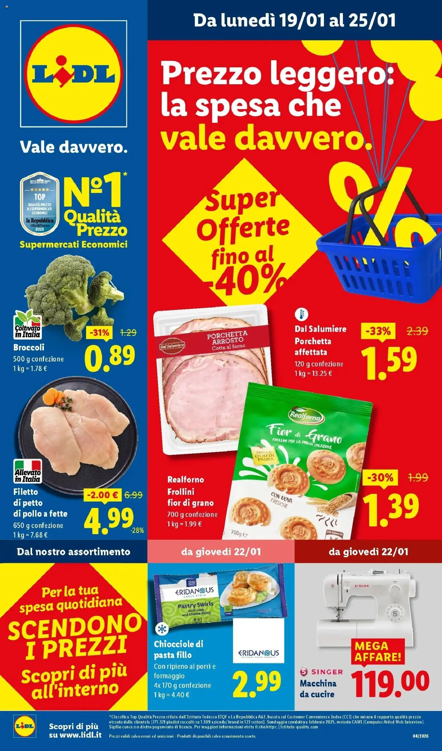 Volantino Lidl del 19.01.2026 | Pagina: 1 | Prodotti: Porchetta, Pollo, Pasta, Broccoli