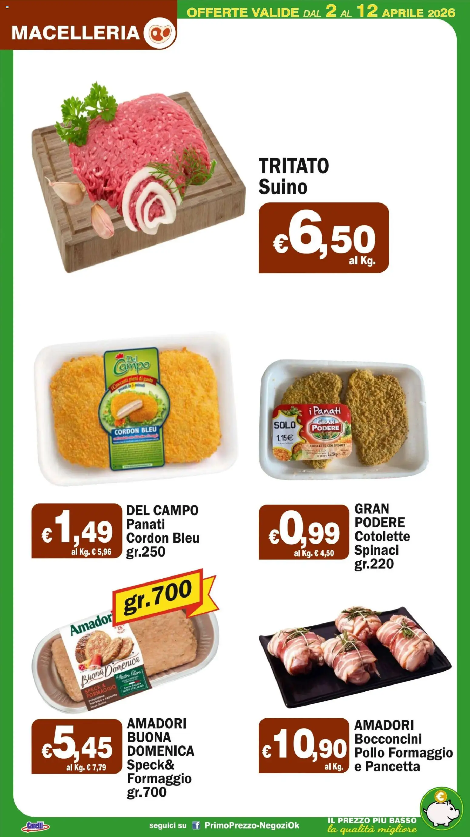 Volantino Primo Prezzo del 02.04.2026 | Pagina: 33 | Prodotti: Speck, Pancetta, Suino, Spinaci