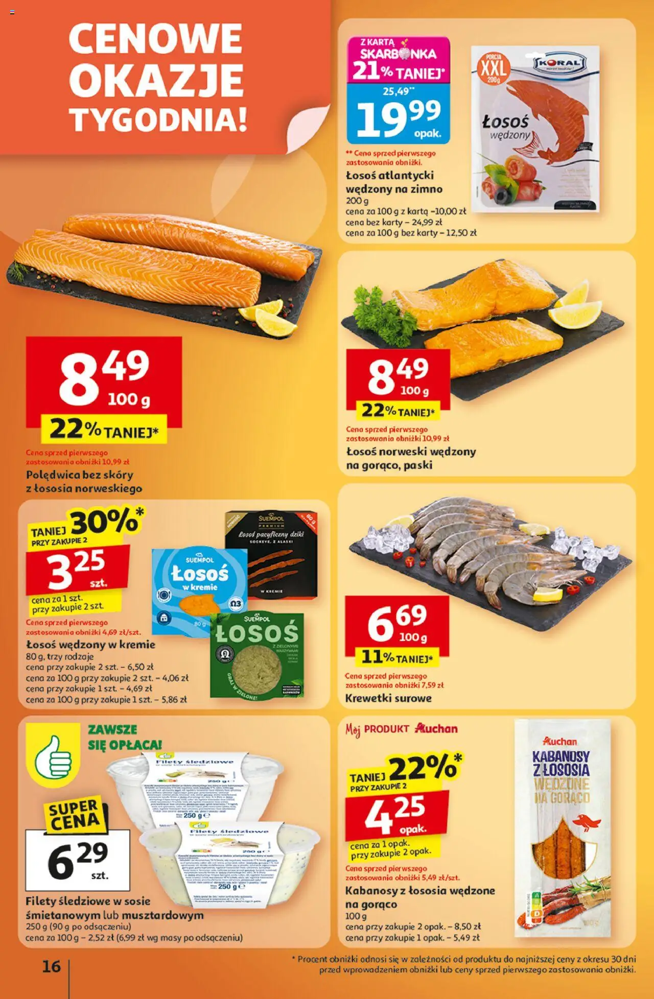 Auchan Gazetka - Wielkie przeboje cenowe Hipermarket od 09.10.2025 | Strona: 16 | Produkty: Łosoś wędzony, Kabanosy, Łosoś, Łosoś norweski
