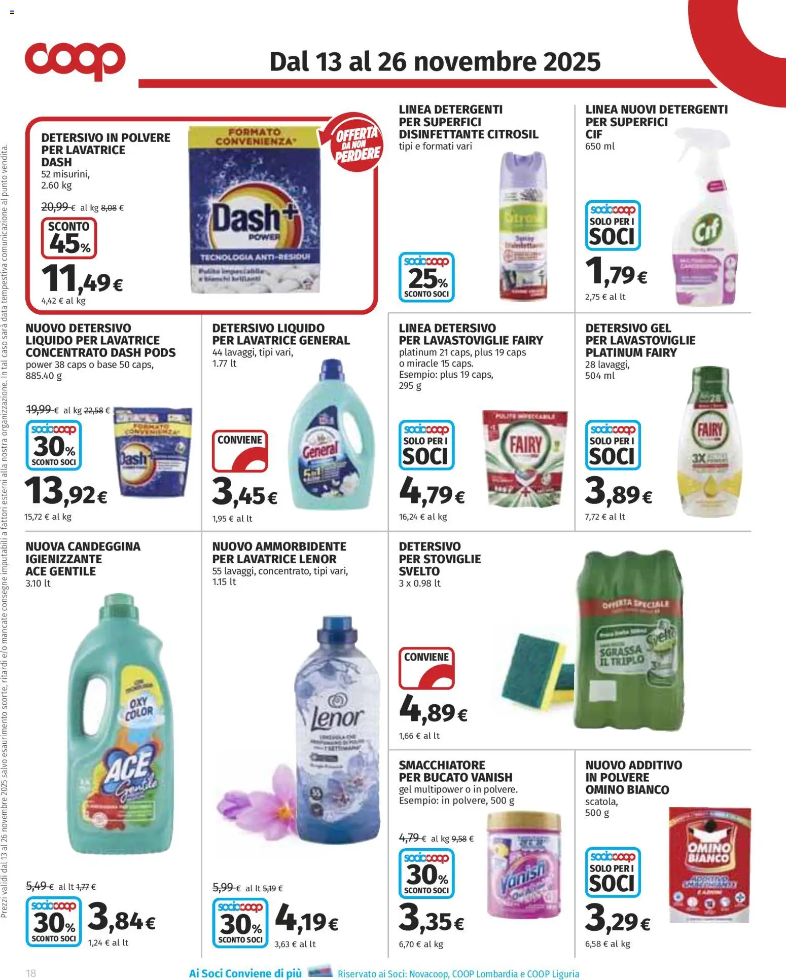 Volantino COOP del 13.11.2025 | Pagina: 18 | Prodotti: Detersivo in polvere, Smacchiatore, Candeggina, Lavastoviglie