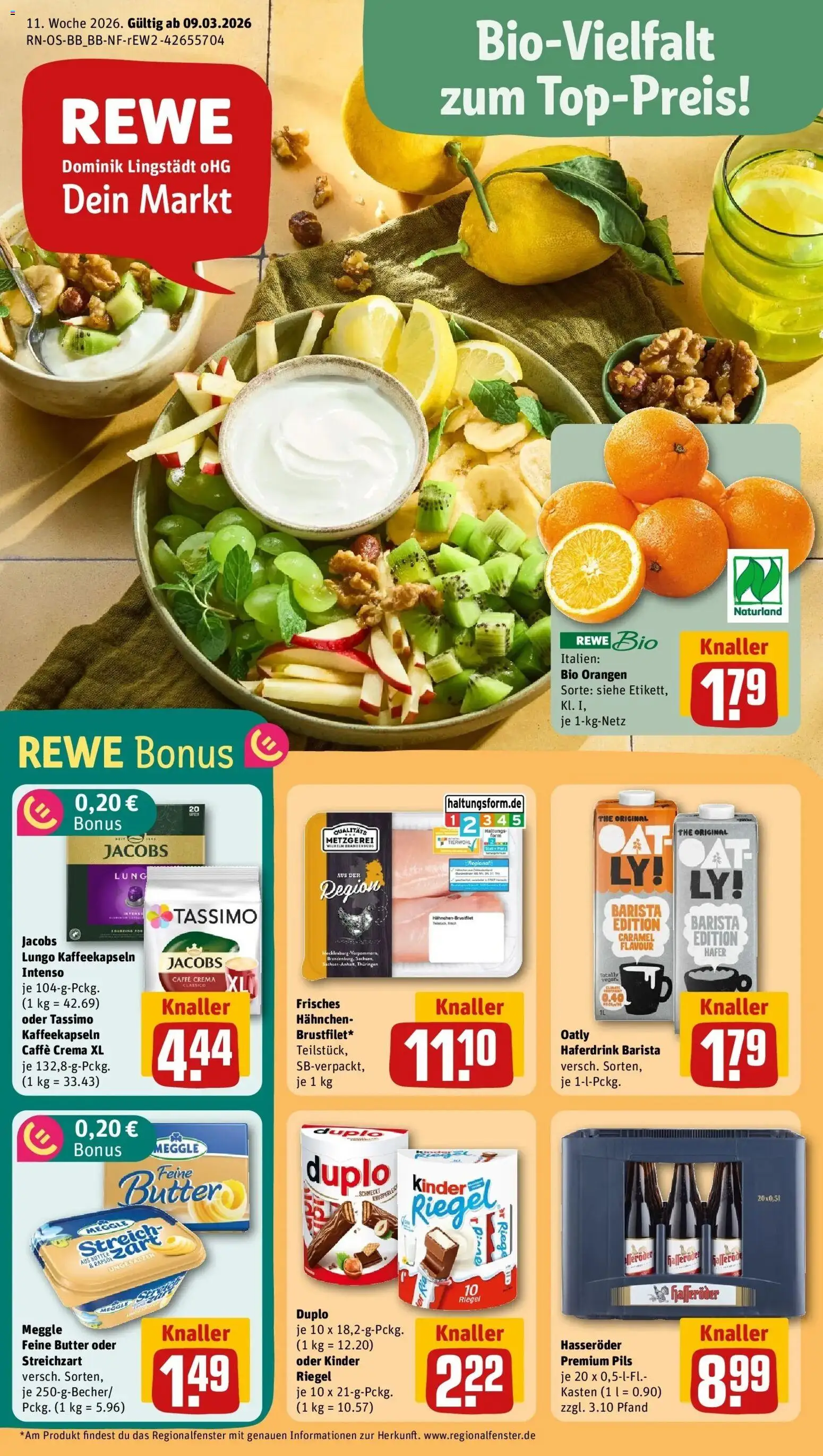 Rewe Prospekt Neuenhagen	 – gültig ab 09.03.2026 | Seite: 1 | Produkte: Pils, Orangen, Kinder riegel, Haferdrink