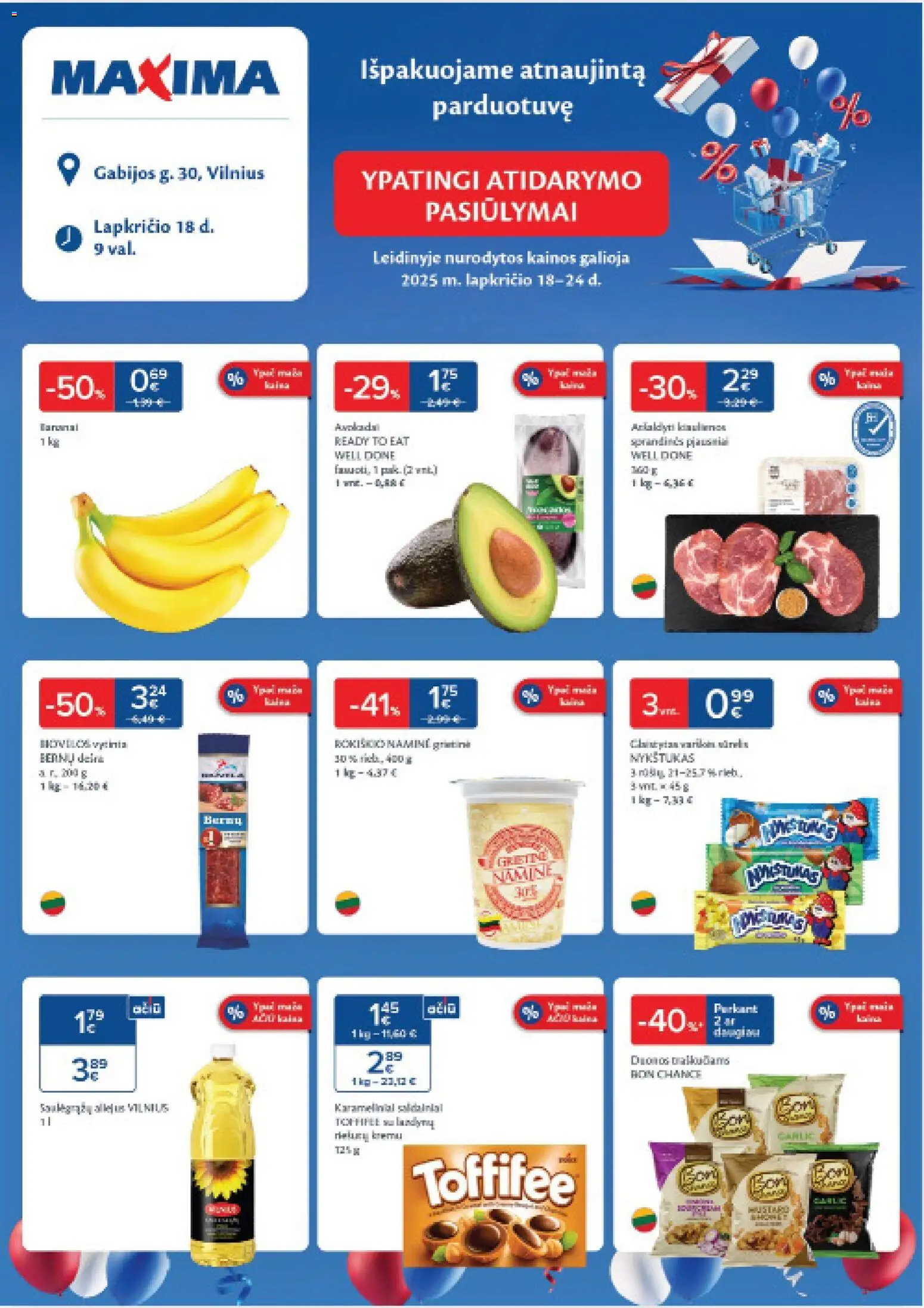 MAXIMA akcijos nuo 18.11.2025 | Puslapis: 1 | Prekių: Kiaulienos, Avokadai, Aliejus, Bananai