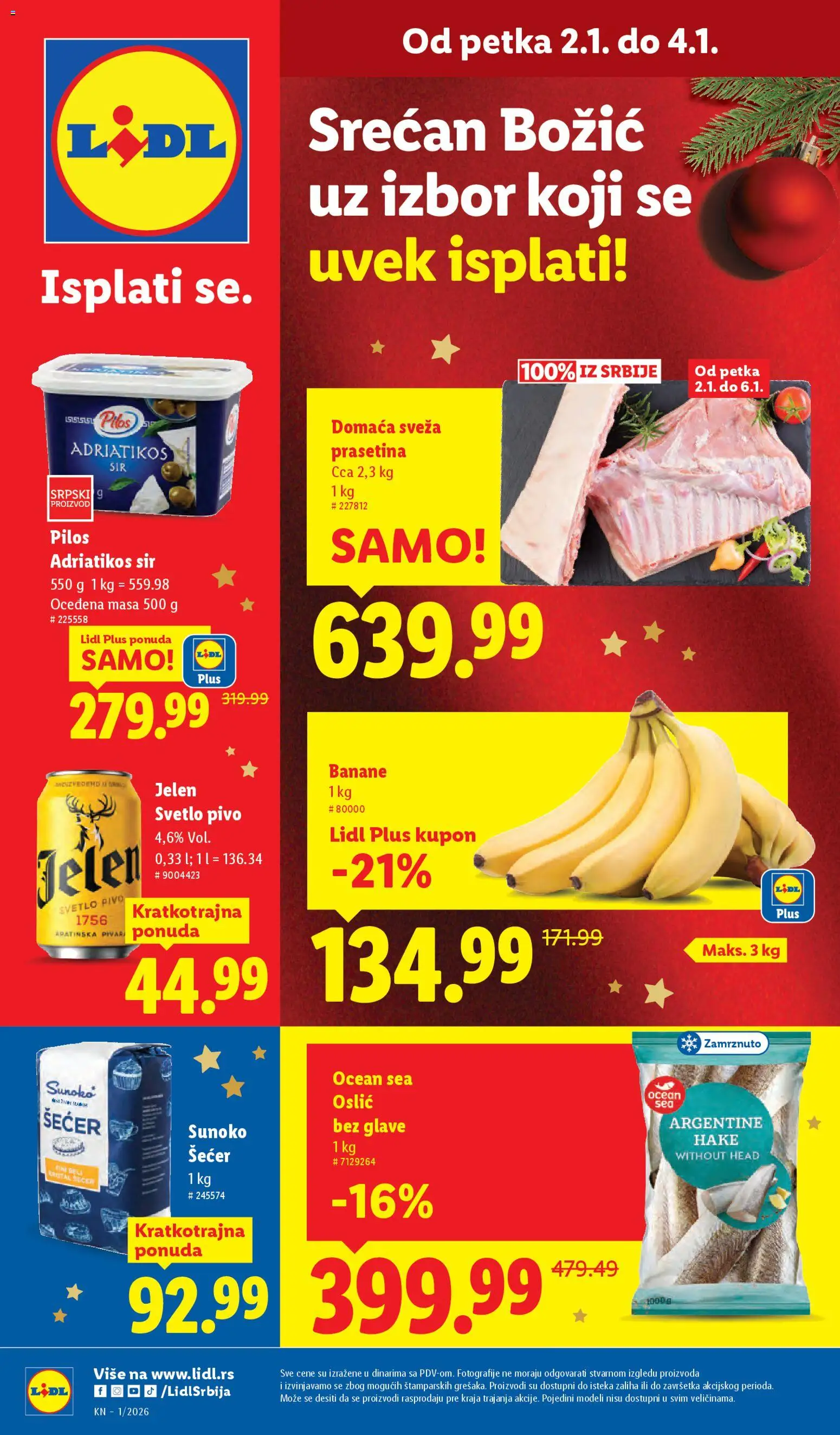 Lidl katalog - važi od 02.01.2026 | Strana: 1 | Proizvode: Šećer, Oslić, Sir, Banane