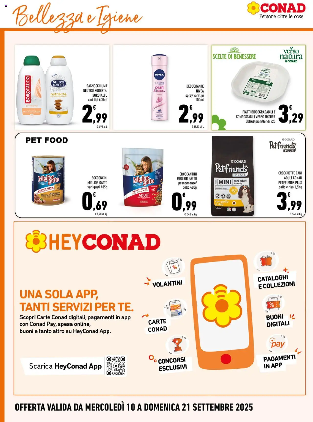 Volantino Conad del 10.09.2025 | Pagina: 14 | Prodotti: Bagnoschiuma, Deodorante, Tacchino, Crocchette
