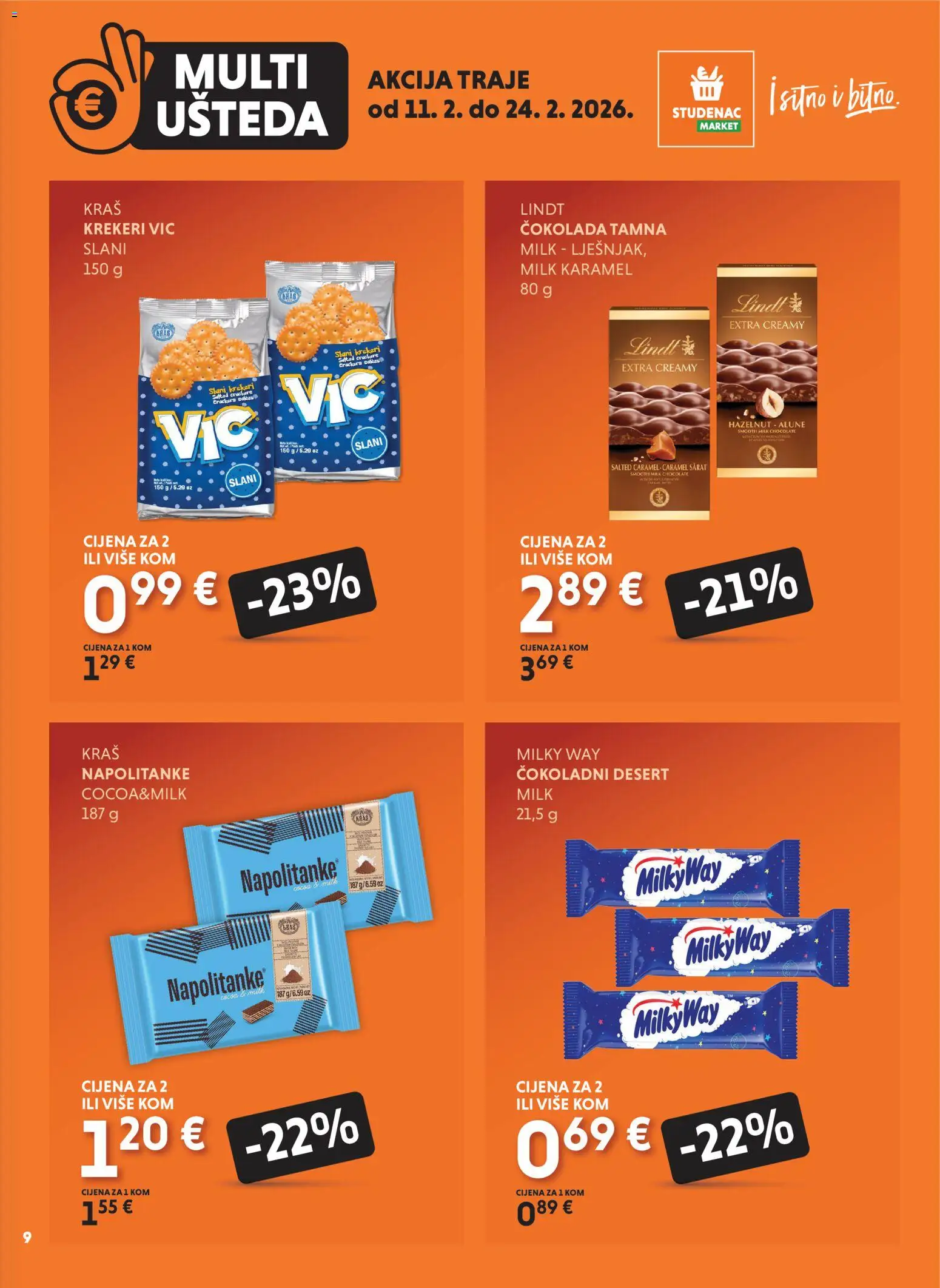 Studenac katalog | vrijedi od 11.02.2026 | Stranica: 9 | Proizvodi: Lindt, Čokolada, Napolitanke, Krekeri
