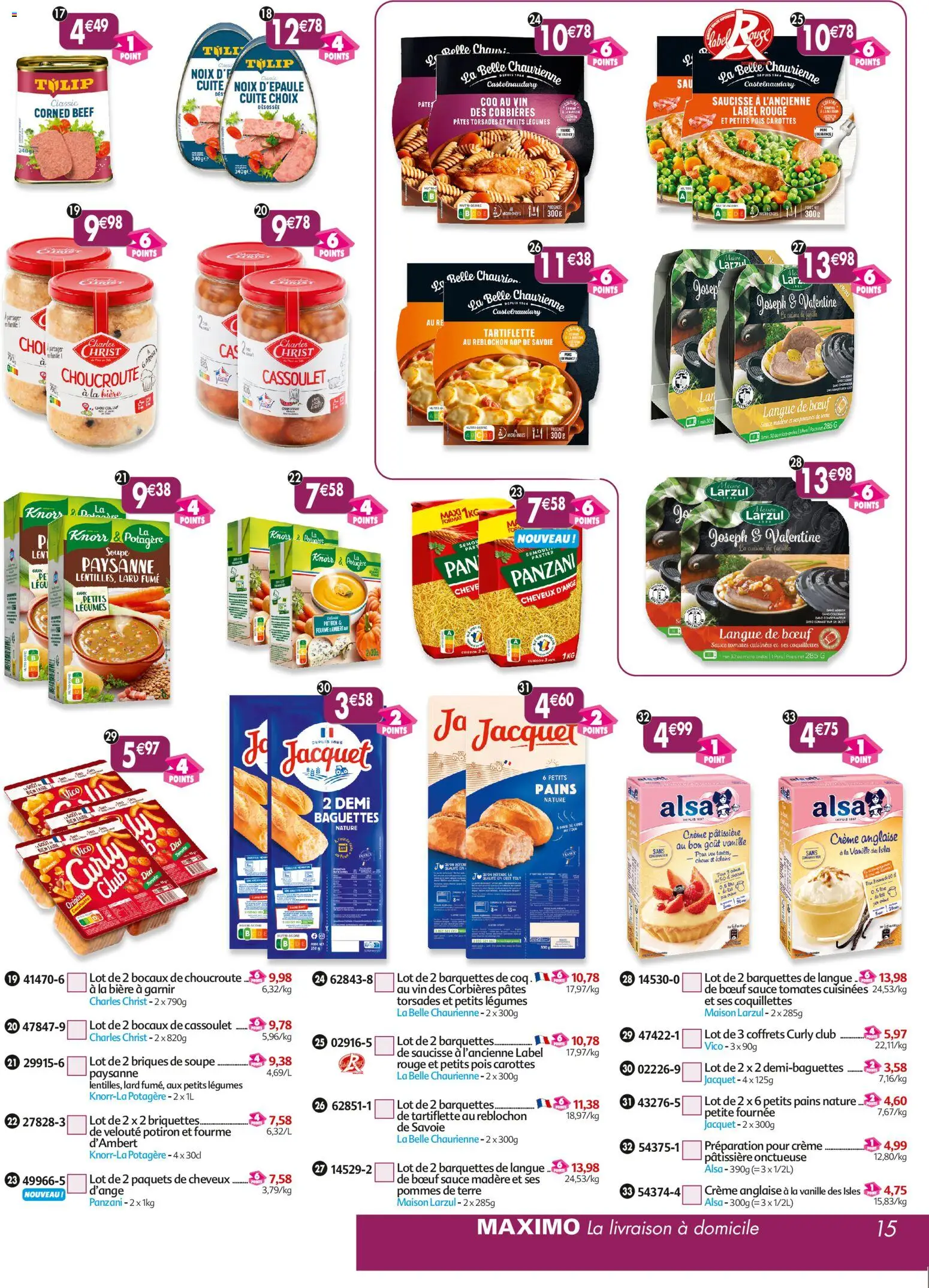{H1} | Page: 15 | Produits: Langue de bœuf, Viande, Bière, Coquillettes