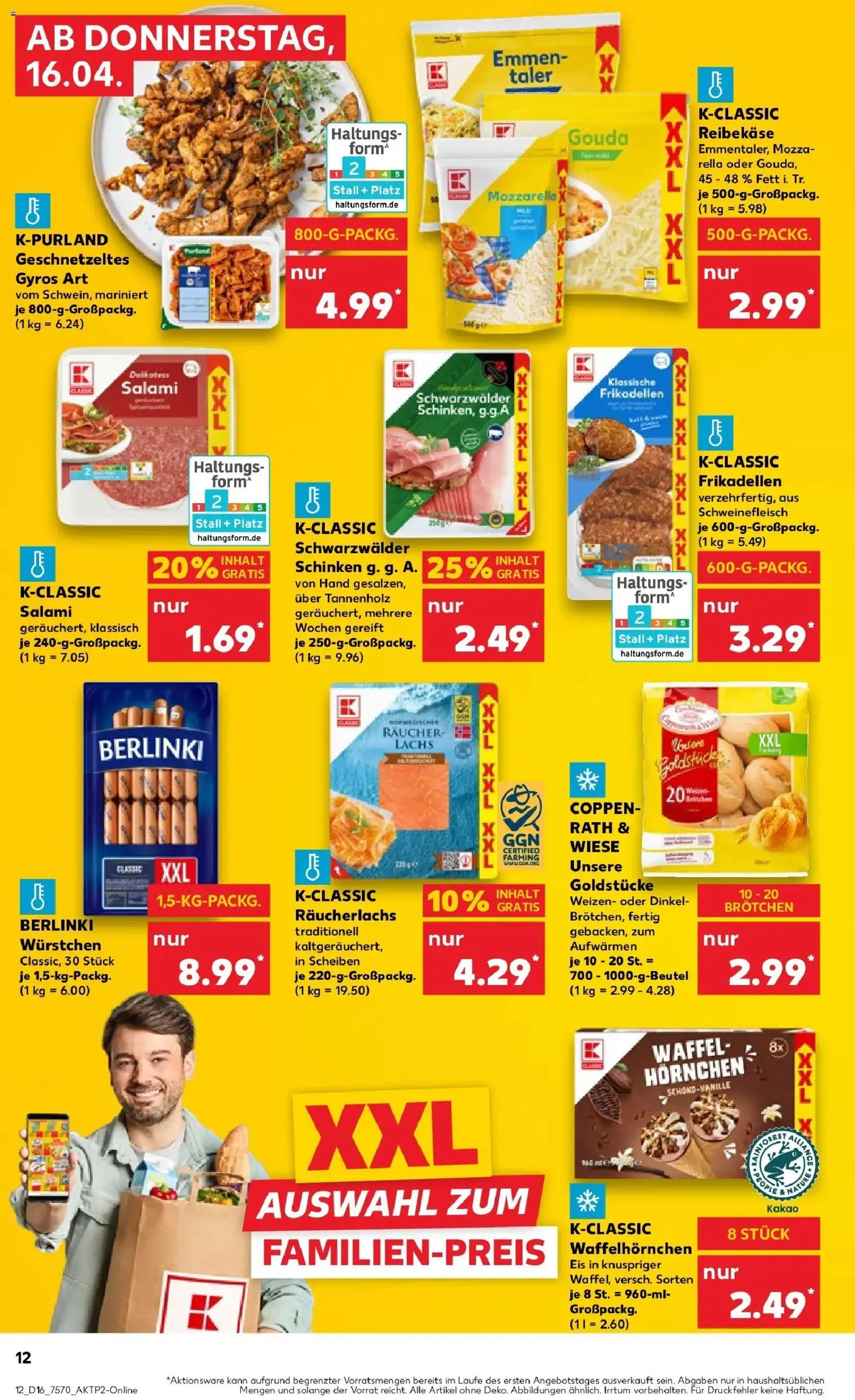 Kaufland Prospekt Krefeld	 – gültig ab 16.04.2026 | Seite: 12 | Produkte: Gouda, Lachs, Salami, Reibekase