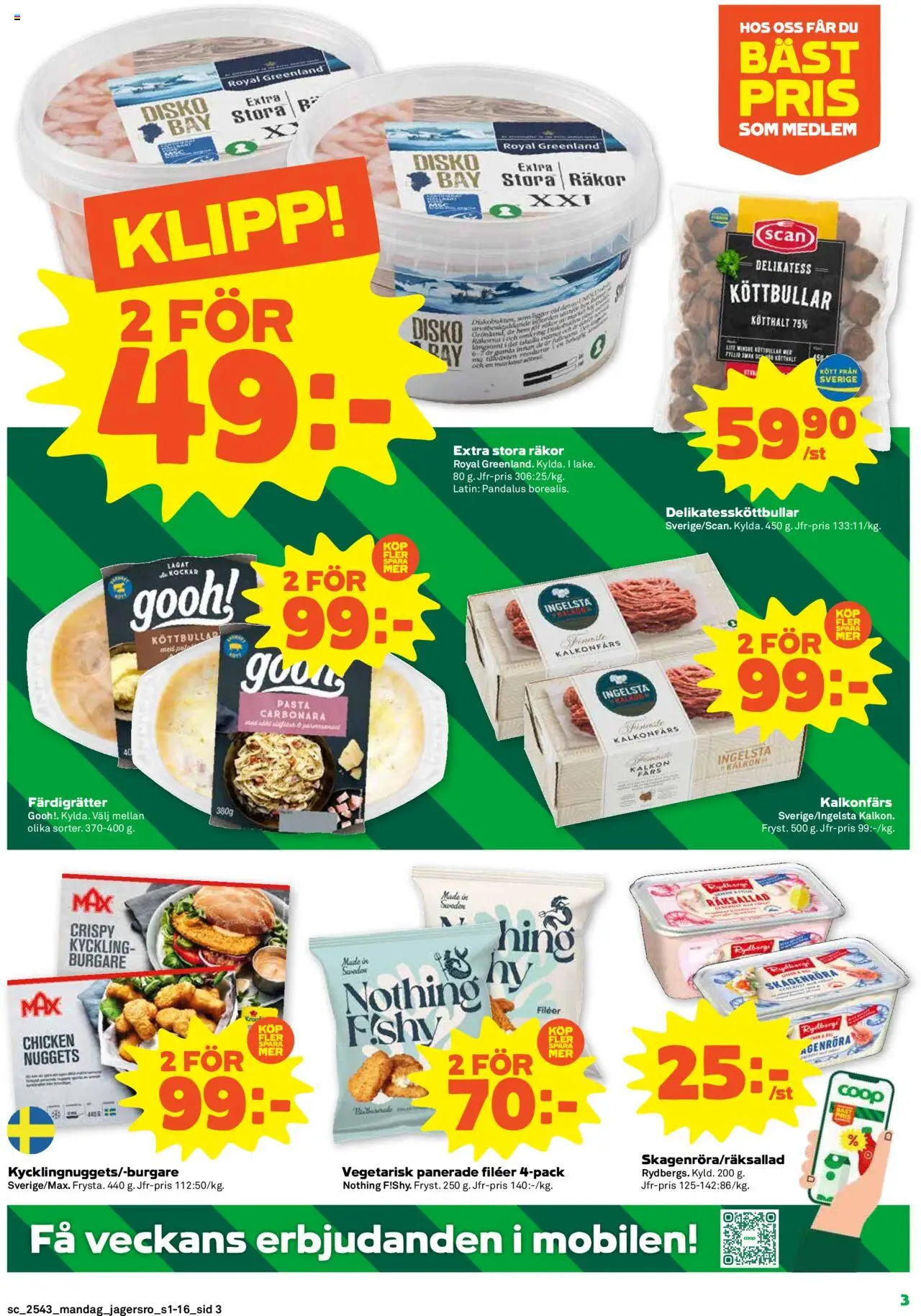 Coop Forum reklamblad aktuell från 20.10.2025 | Sida: 3 | Produkter: Köttbullar, Räkor, Kalkon, Pasta