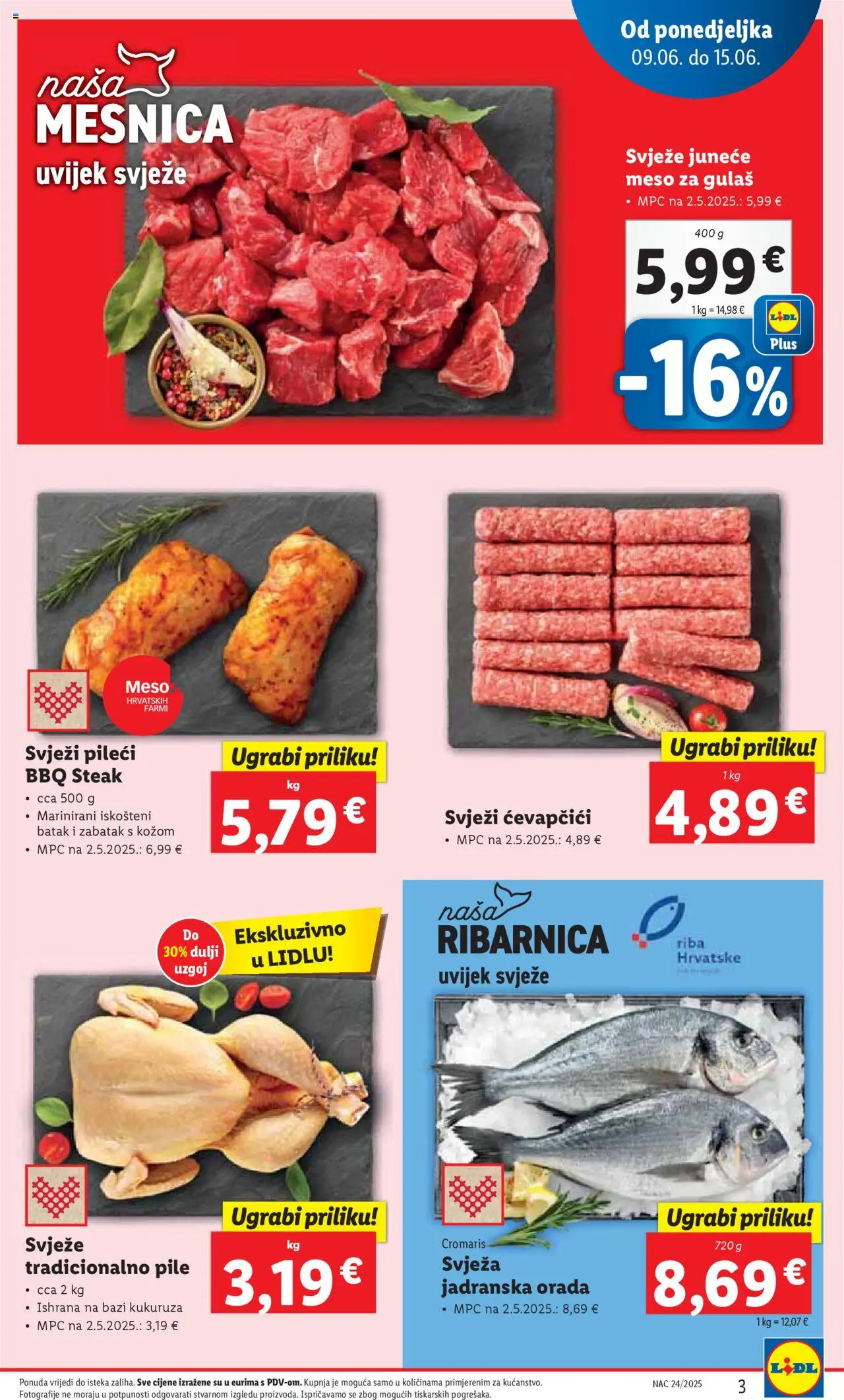 Lidl katalog | vrijedi od 09.06.2025 | Stranica: 3 | Proizvodi: Meso, Riba, Ćevapčići