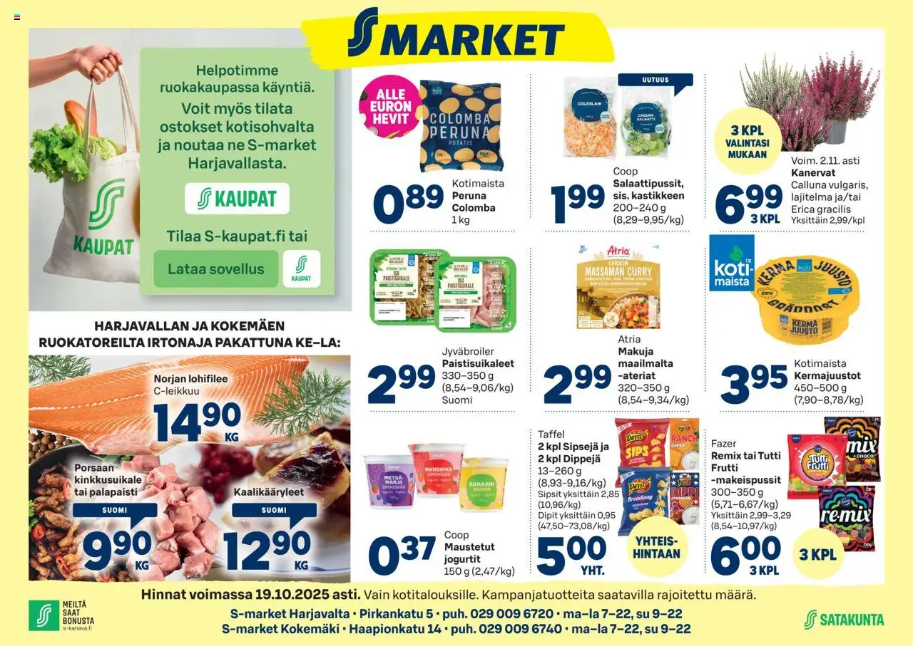 S-market Harjavalta – voimassa 15.10.2025 alkaen | Sivu: 1 | Tuotteet: Makeispussit, Curry, Peruna, Kerma