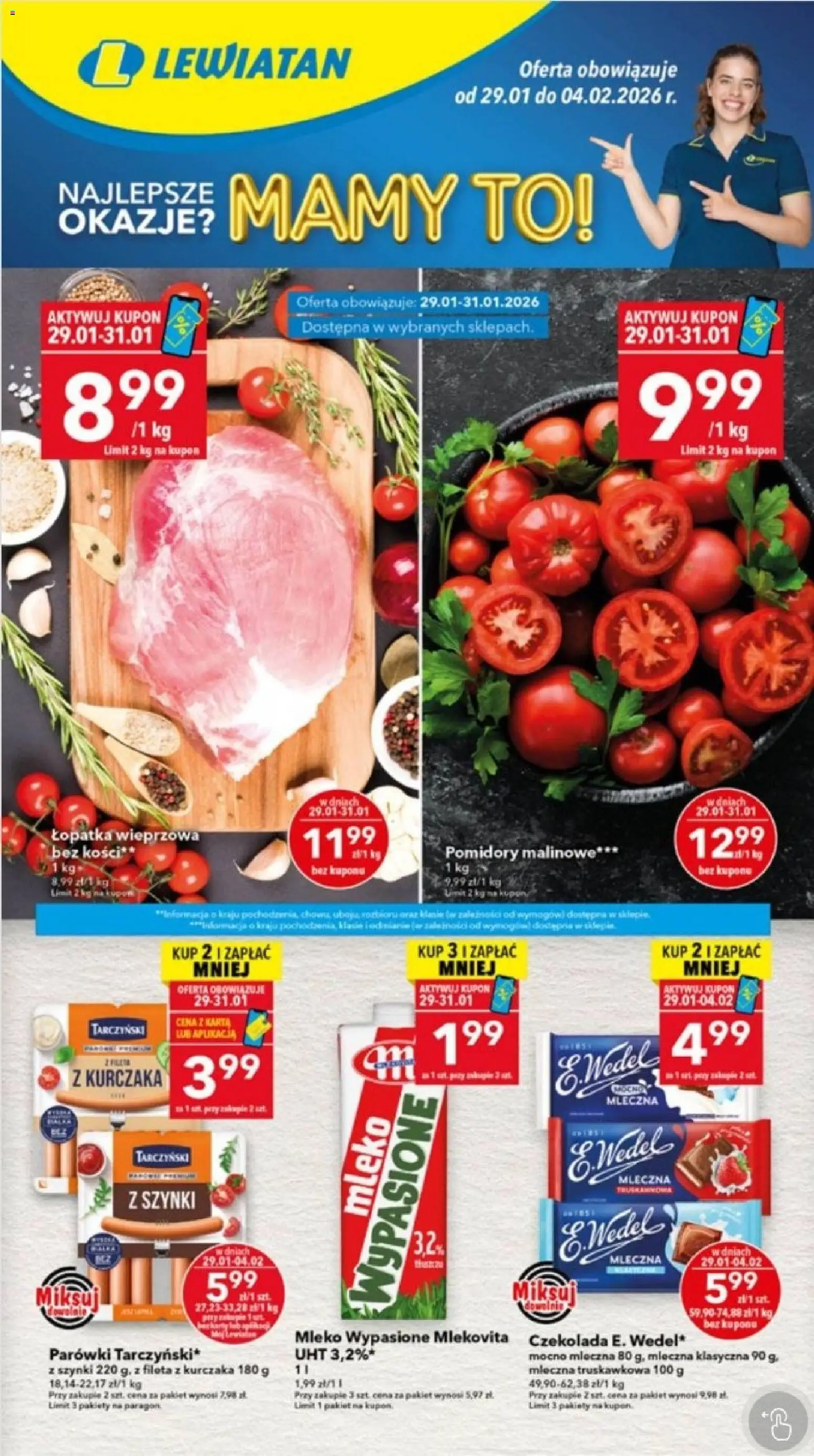 Lewiatan gazetka - Ostrów Wielkopolski od 29.01.2026 | Strona: 1 | Produkty: Parówki, Pomidory malinowe, Czekolada, Pomidory