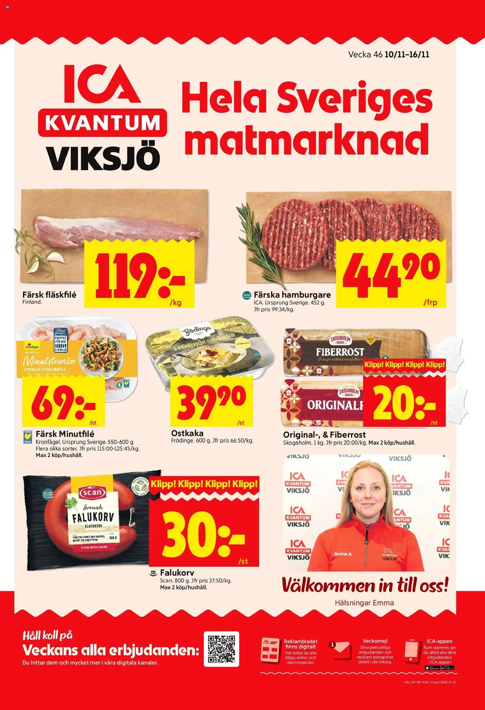 ICA Kvantum reklamblad aktuell från 10.11.2025 | Sida: 1 | Produkter: Bageri, Hamburgare, Falukorv, Häll