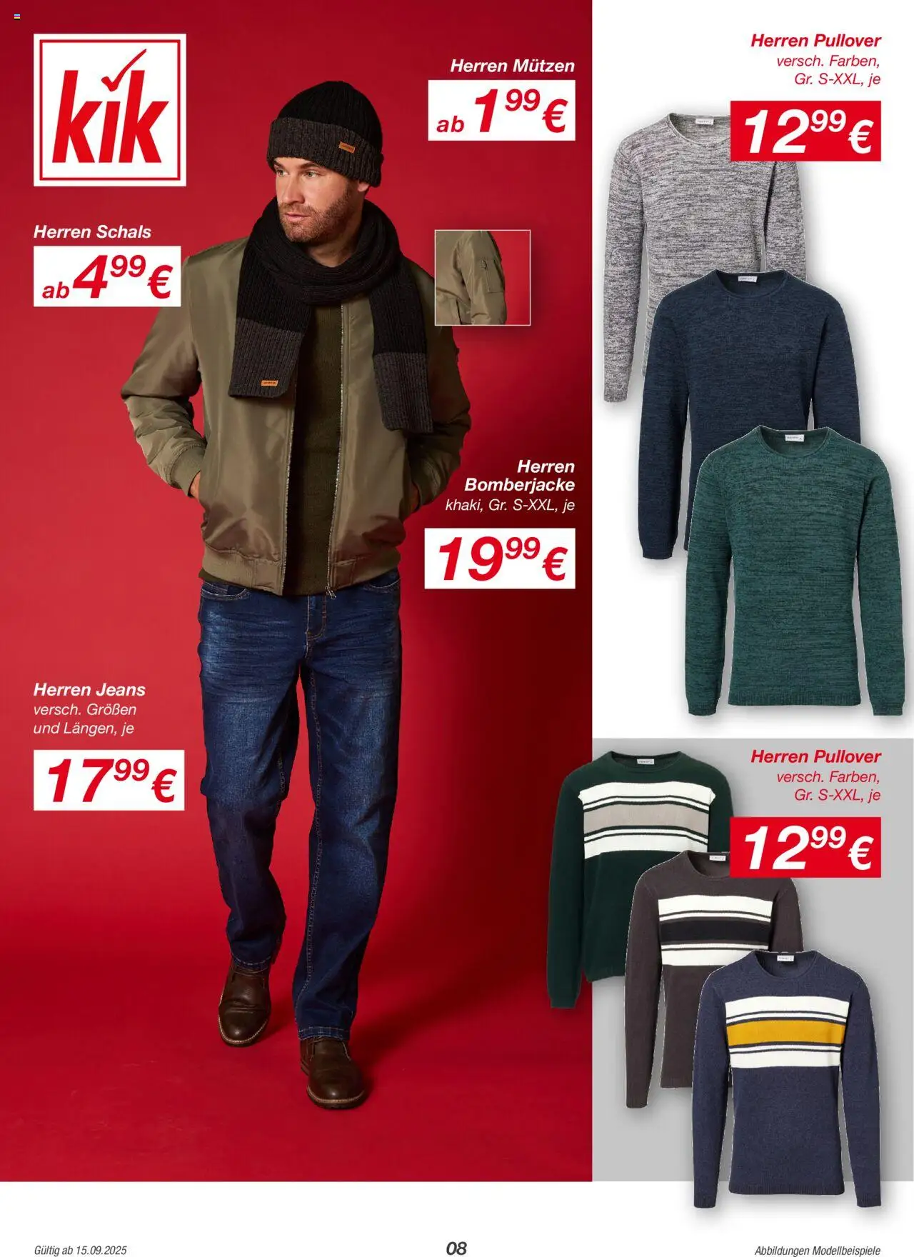 Kik Prospekt – gültig ab 15.09.2025 | Seite: 8 | Produkte: Bomberjacke, Pullover, Jeans
