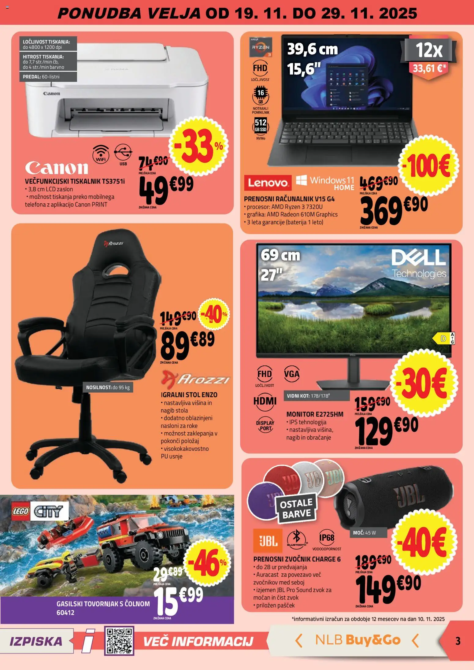 Novi E.leclerc katalog ponudbe – veljaven od 19.11.2025 | Stran: 3 | Izdelki: Monitor, Baterija, Zvocnik, Stol