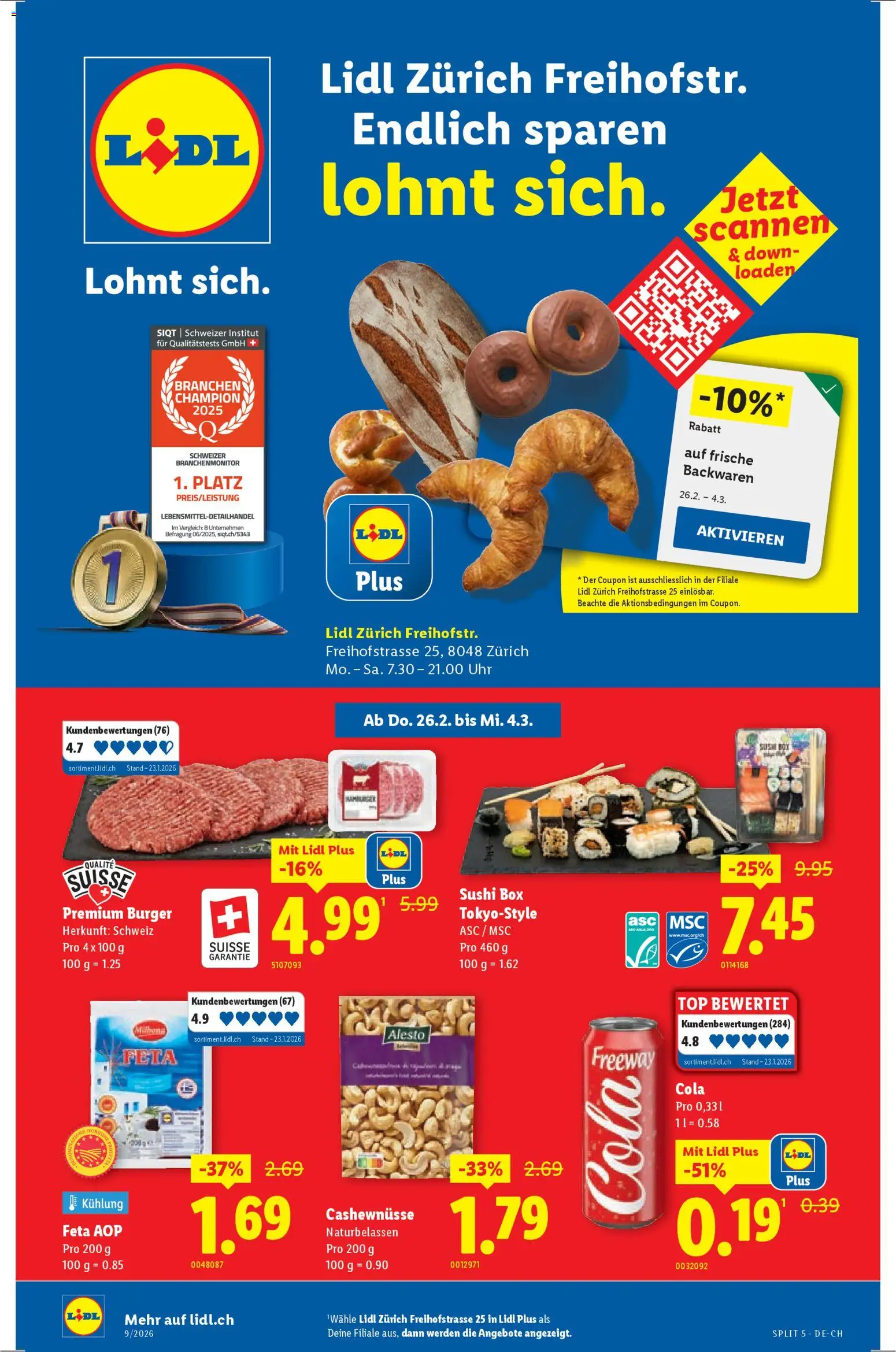 Lidl Aktionen Neueröffnung Zürich – gültig ab 26.02.2026 | Seite: 1 | Produkte: Cashewnüsse, Feta, Burger, Top