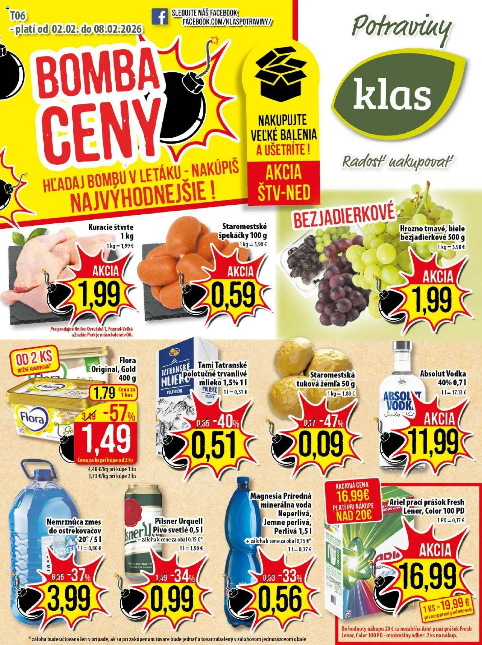 Nové Klas akcie – leták je platný od 02.02.2026 | Strana: 1 | Produkty: Mlieko, Pilsner Urquell, Ariel, Hrozno