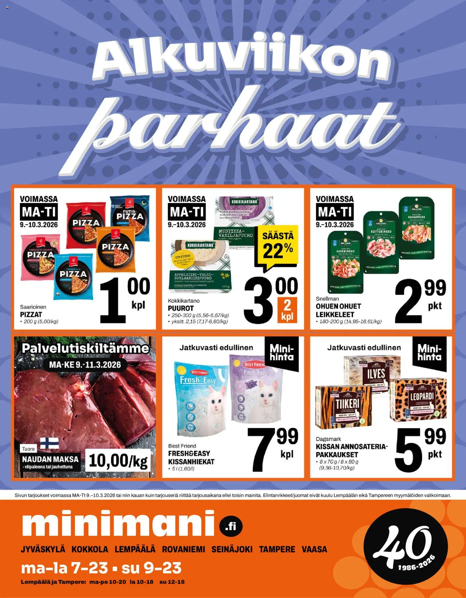 Minimani tarjoukset – voimassa 09.03.2026 alkaen | Sivu: 1 | Tuotteet: Mustikka, Pizza